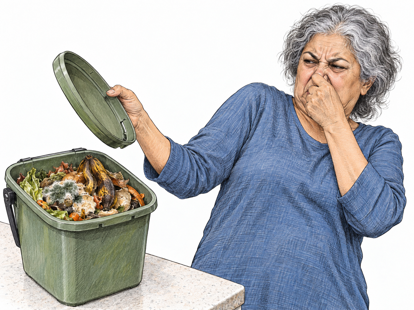 An older woman recoils from an opened kitchen food-waste bin, firmly pinching her nose as she holds up its lid.