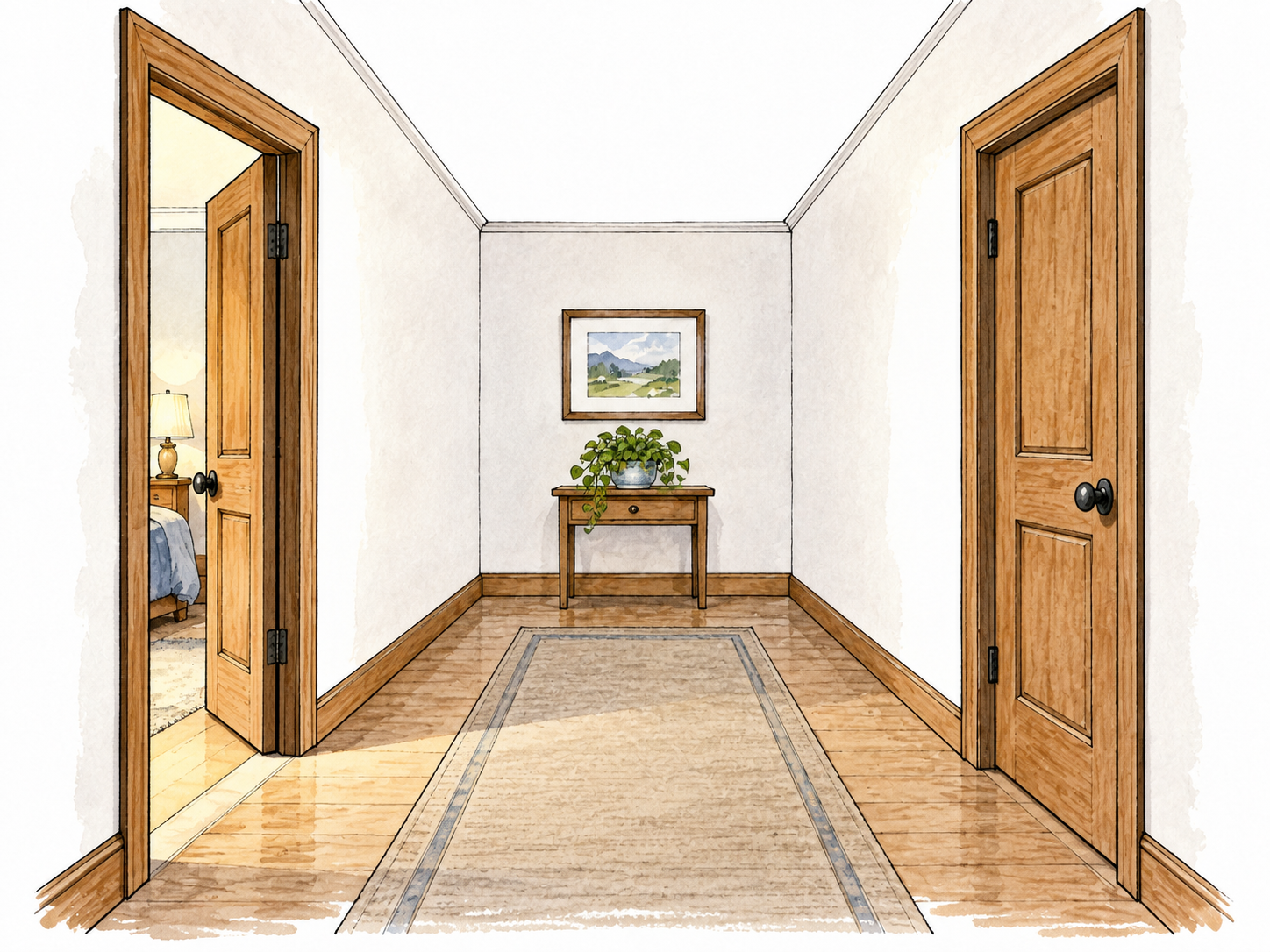 An open doorway directly faces a closed doorway across a hallway.