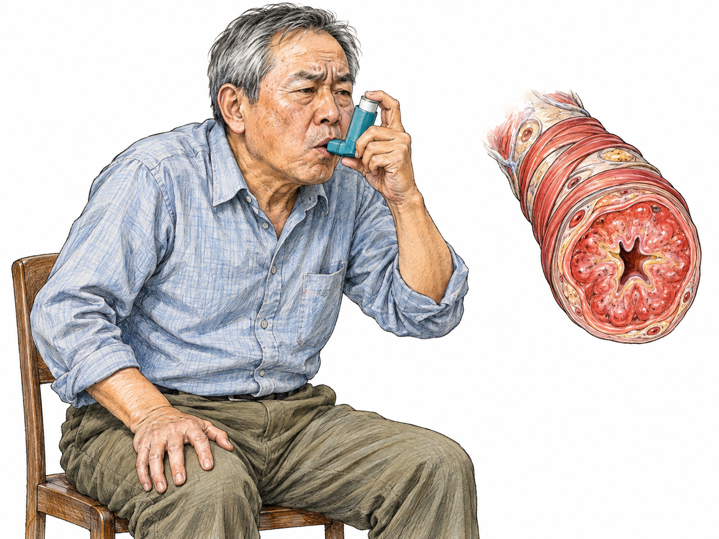 An older man struggling to breathe uses a rescue inhaler; a small, text-free anatomical cutaway beside him shows an inflamed bronchial airway with a markedly narrowed central opening.