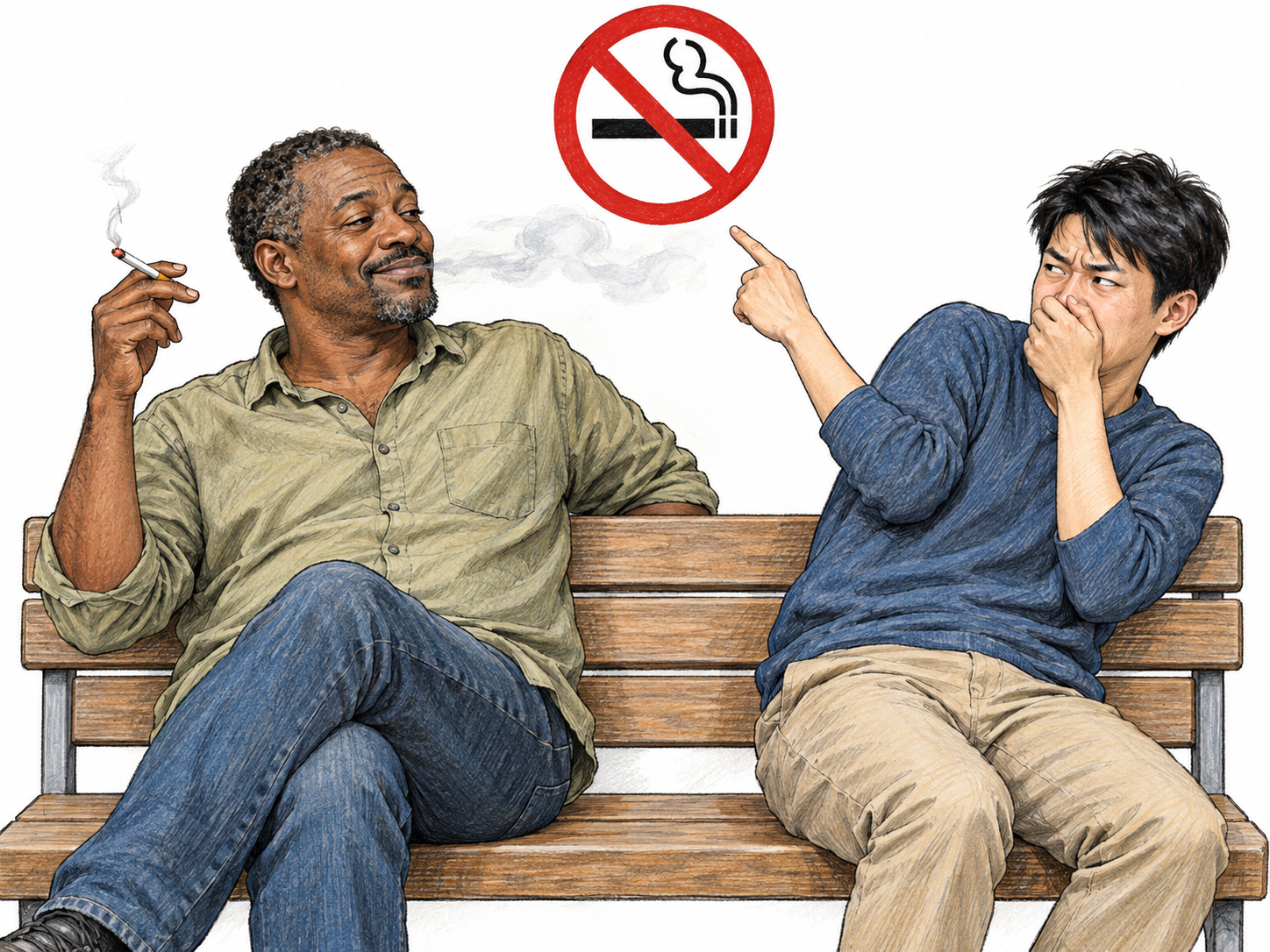 A man openly smokes directly beneath a clear no-smoking pictogram, looking unconcerned while the man beside him recoils from the smoke: an unmistakable, shameless violation in plain sight.