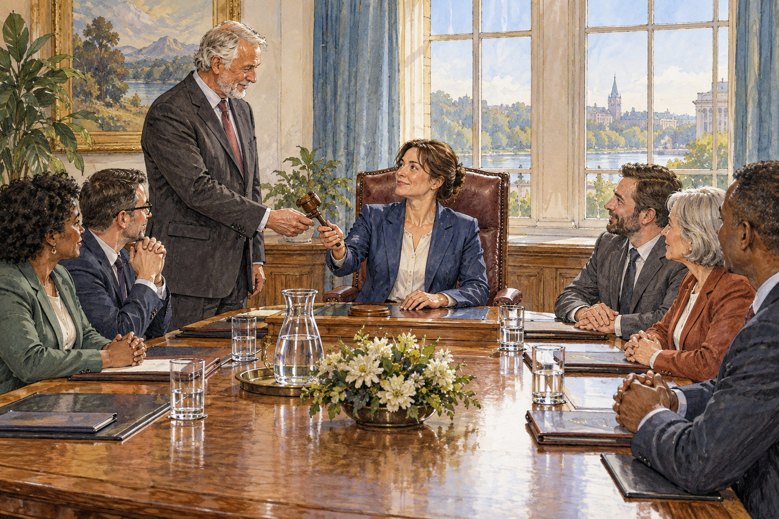 A deputy chairperson conducts a small council meeting from the head chair while the senior chairperson stands to one side visibly entrusting the deputy with a small wooden gavel.