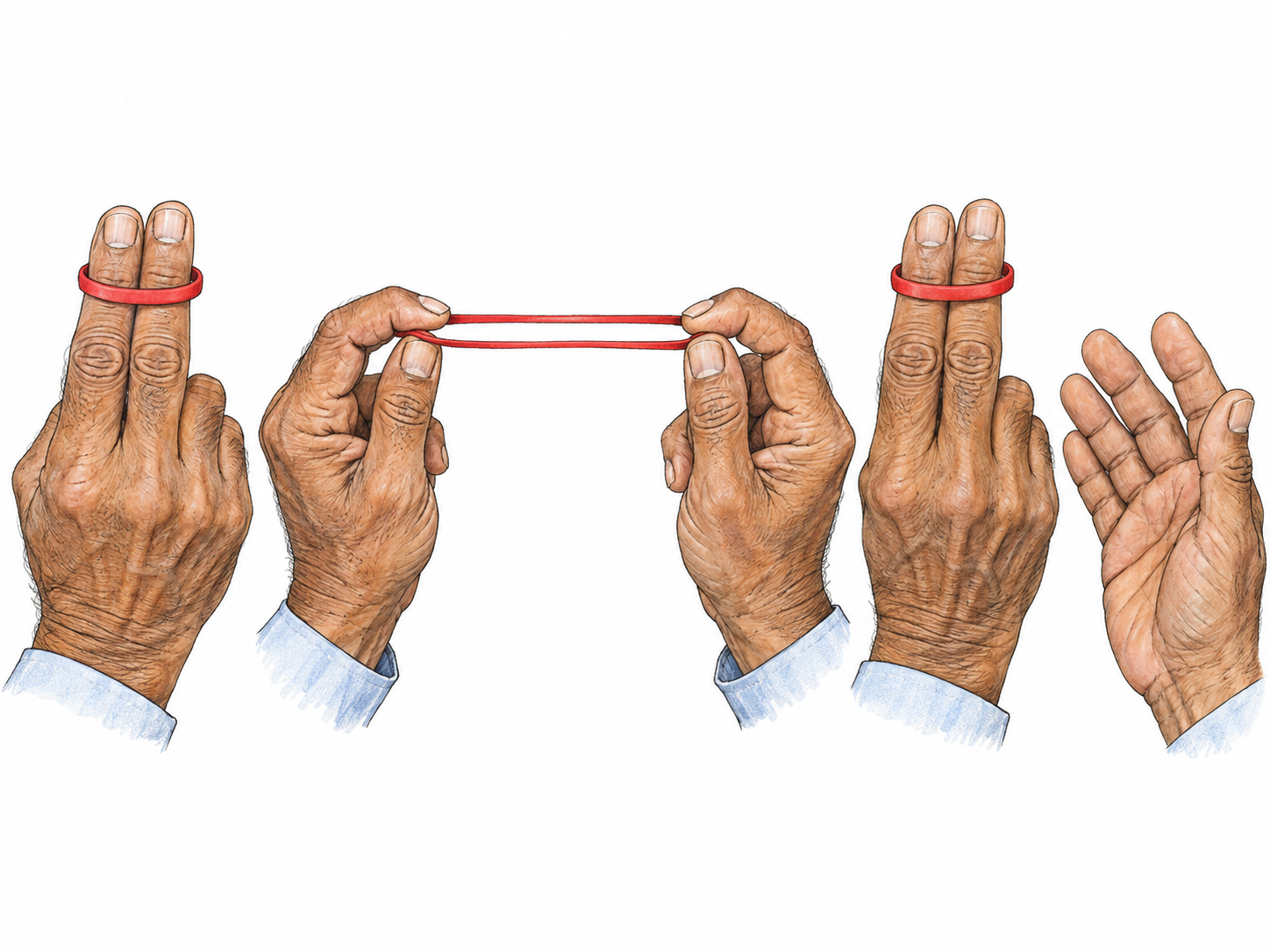 A close-up three-stage sequence of the same rubber band: resting loosely across two fingers, pulled visibly longer between both hands, then released and resting loosely across the same two fingers again.