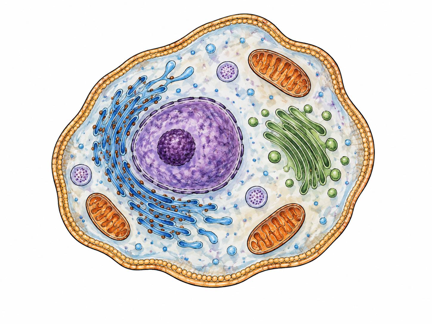 A simple living-cell cutaway shows cytoplasm with nucleus and a few organelles within membrane, living protoplasmic material central, no text or photoreal microscope noise.