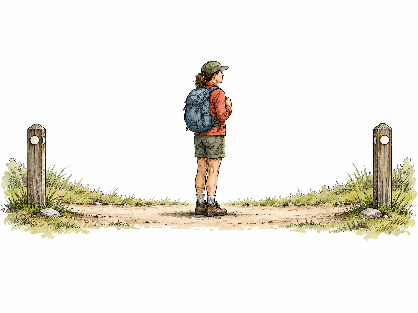A walker stands at the exact midpoint of a simple path between two matching posts, equal distances on both sides.