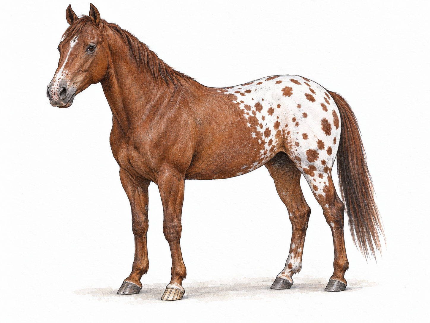 A single Appaloosa horse in a clear three-quarter side view, displaying a chestnut coat with a large white blanket and distinct dark spots across its rump and hips.