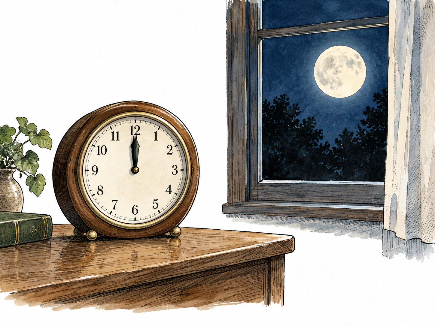 A clock with both hands pointing straight up to twelve beside a dark moonlit window.