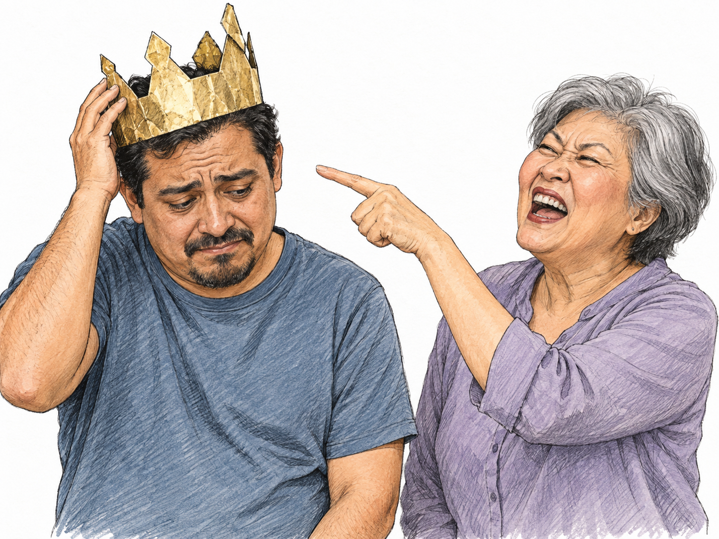 An older woman points at a middle-aged man's crooked handmade paper crown and laughs scornfully; he holds the crown in place with lowered eyes and an embarrassed, tight expression.