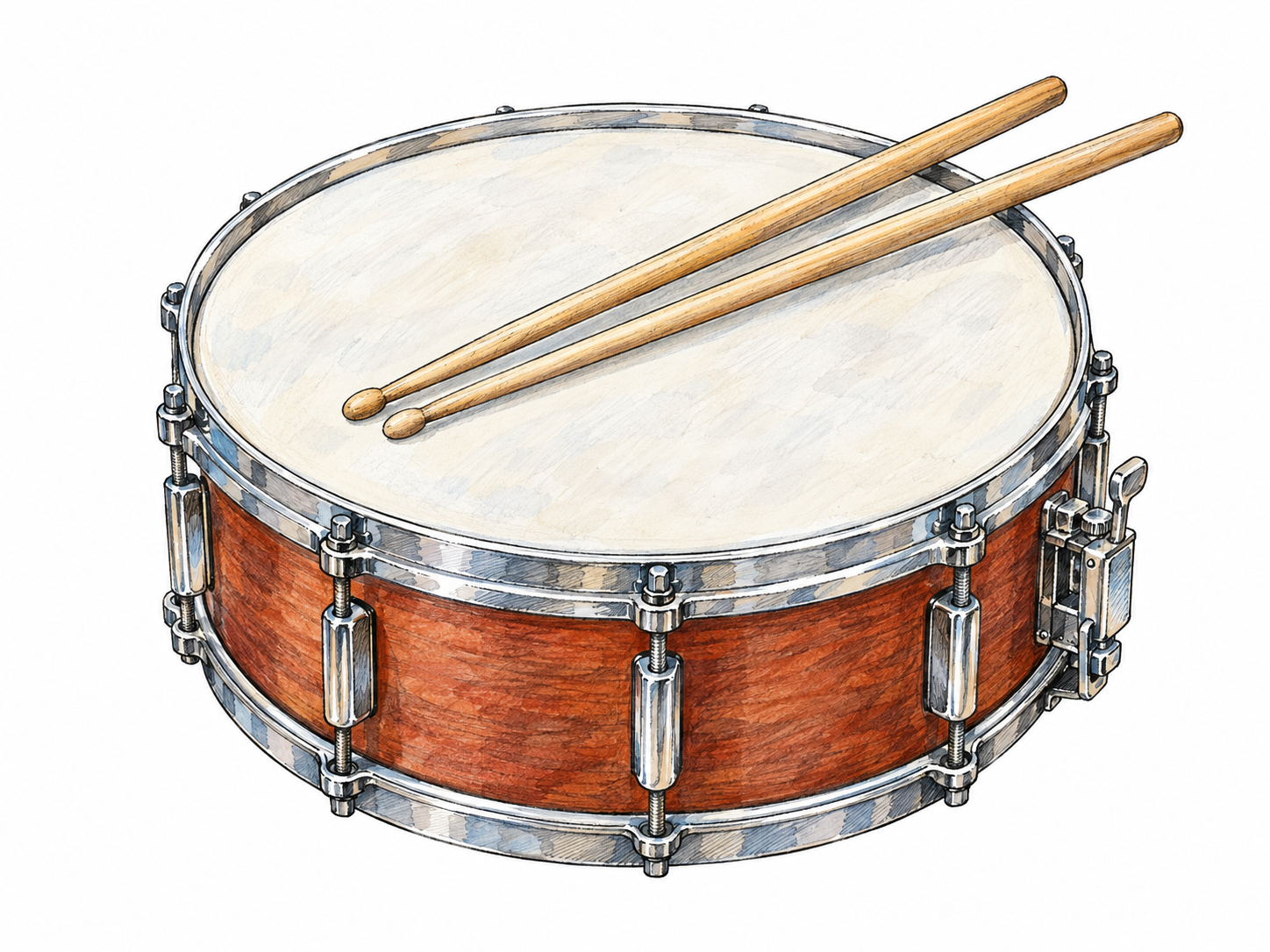 A single recognizable snare drum in three-quarter view, its stretched membrane and tension hardware clearly visible, with two wooden drumsticks resting diagonally across the head.