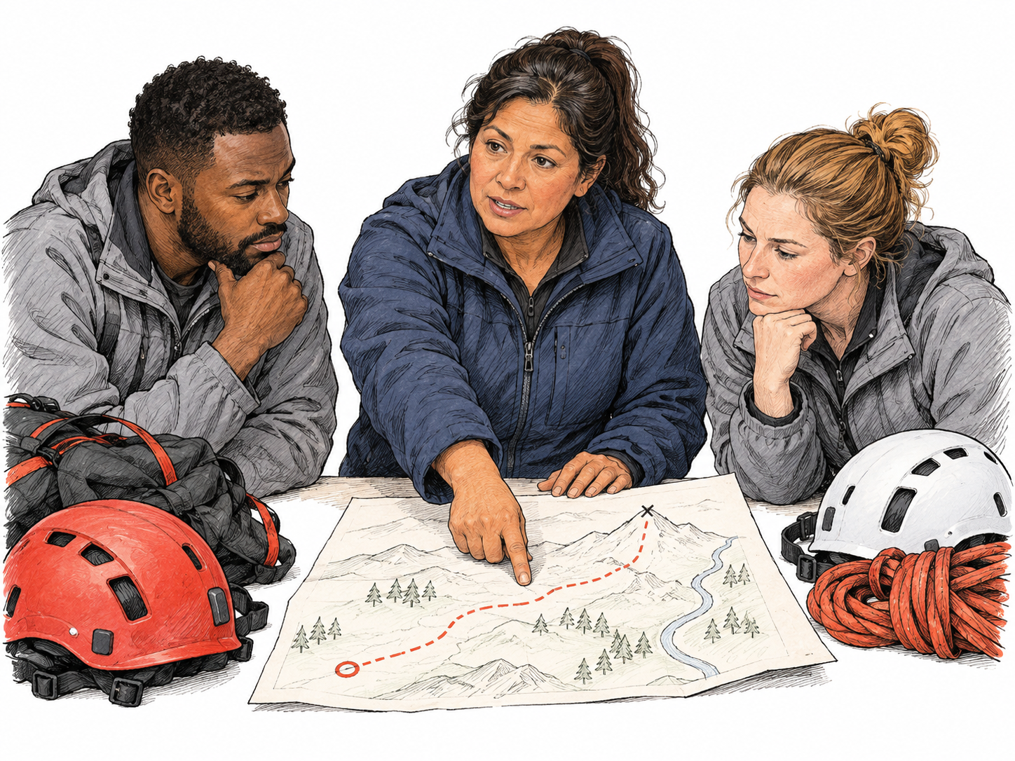 The leader of a small modern rescue team points to a simple unlettered route sketch while two team members listen attentively; leadership clear from action and arrangement, no ranks or insignia needed.