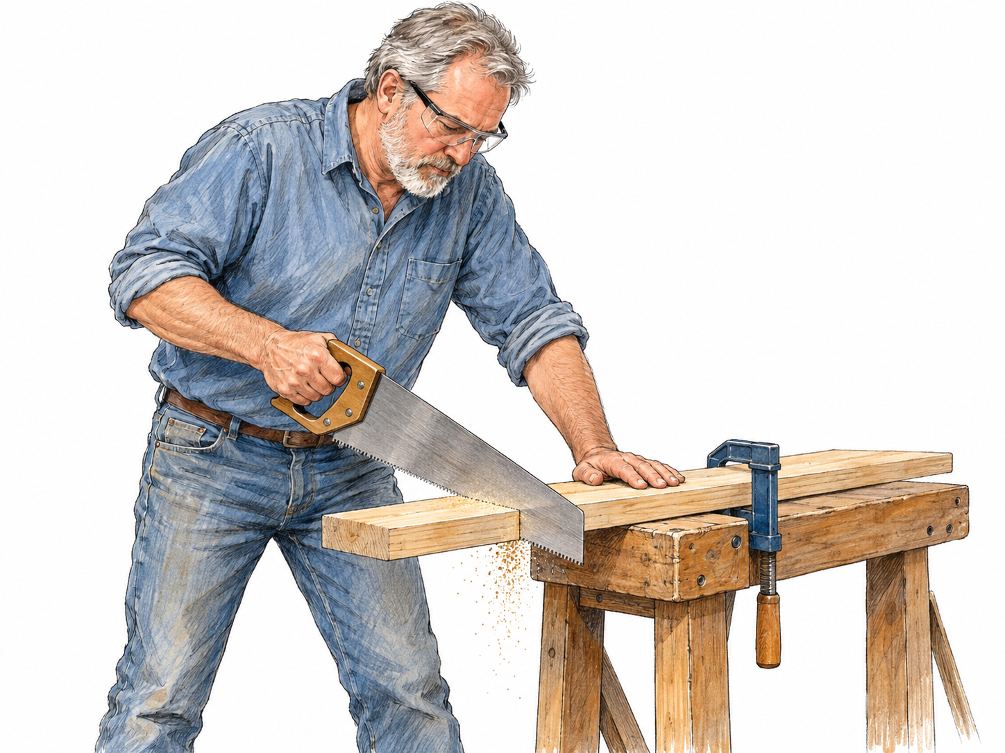 An older man saws a wooden board at a workbench; a small scattering of sawdust beneath the cut is a minor by-product of the main woodworking activity.