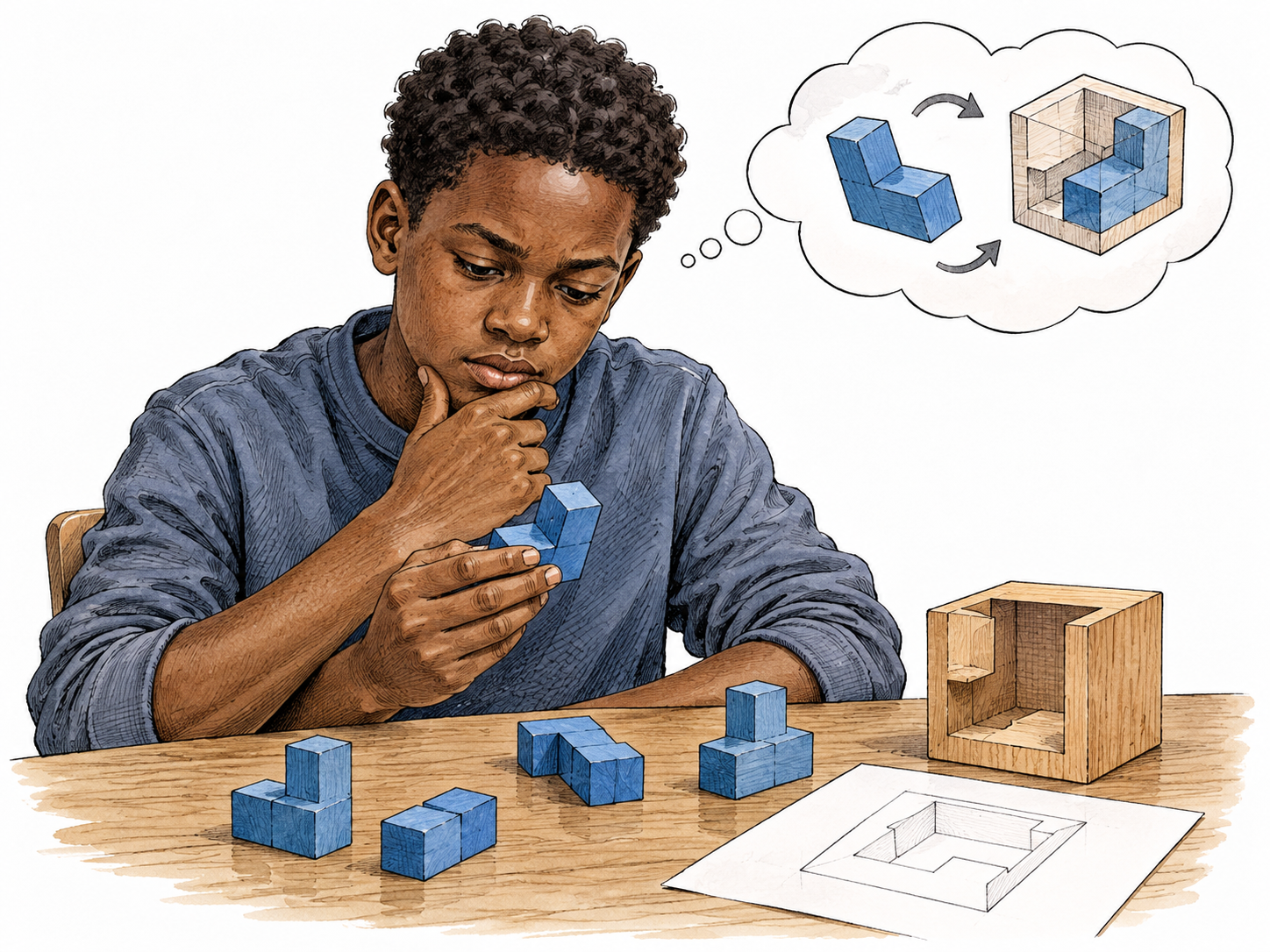 Black student solving a spatial puzzle while thinking carefully.