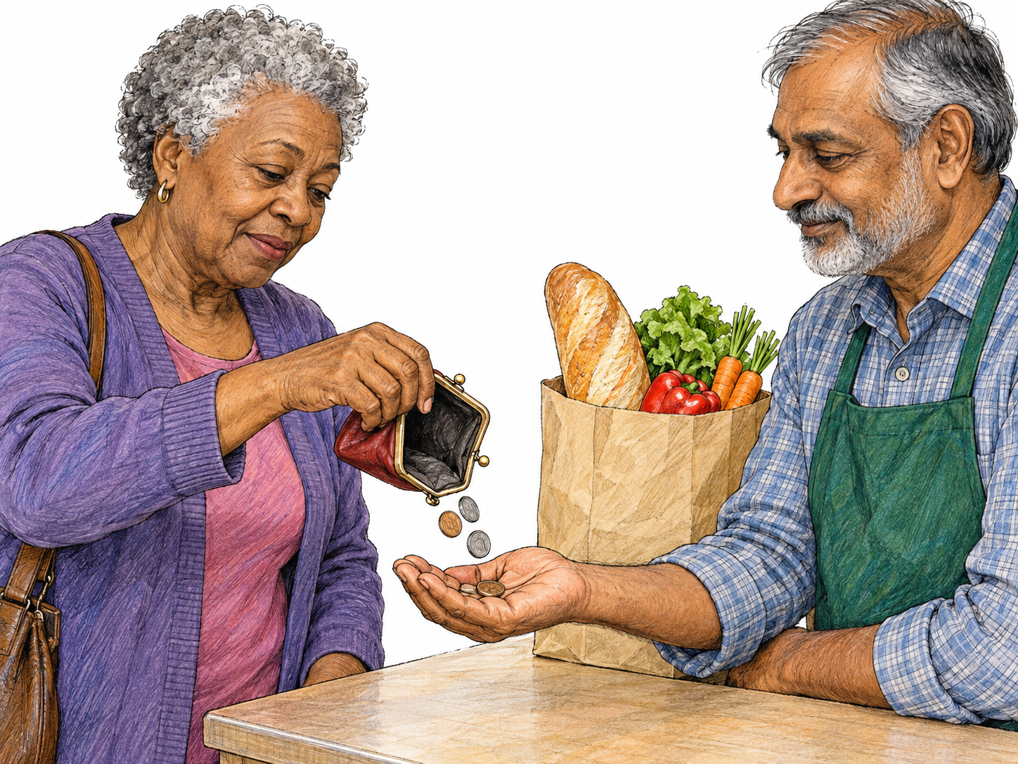 An older woman pays for groceries by tipping the remaining coins from her open coin purse into a shopkeeper’s waiting palm, visibly using up her money.