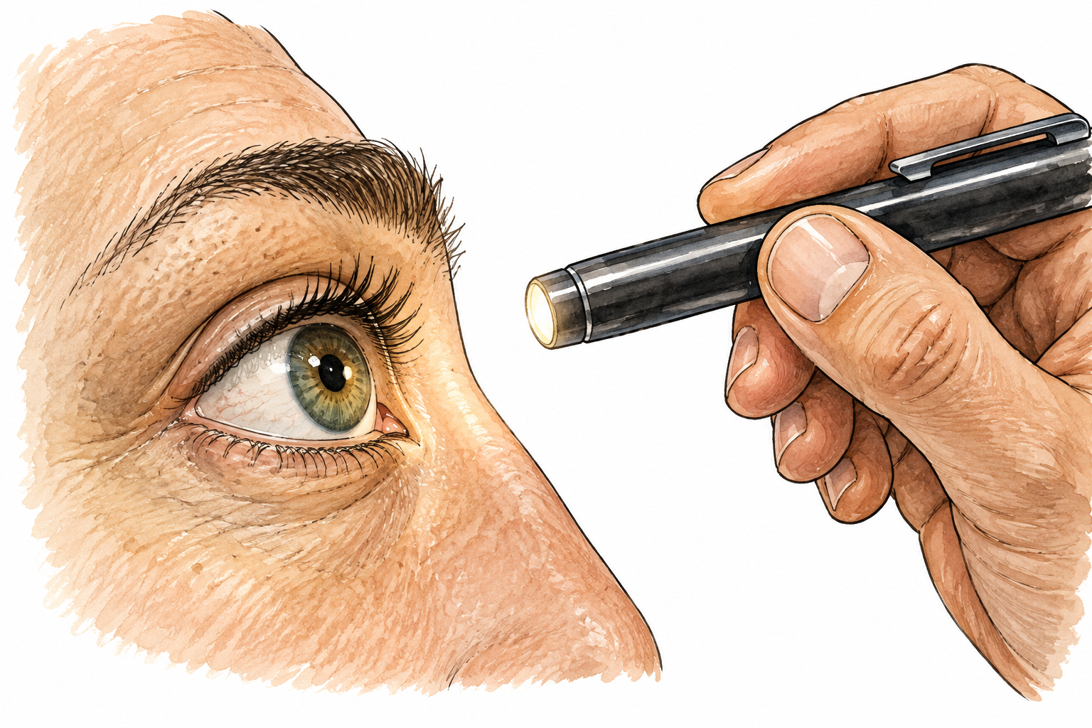 Close-up adult eye being examined with a small penlight, clear eye and pupil, no labels.