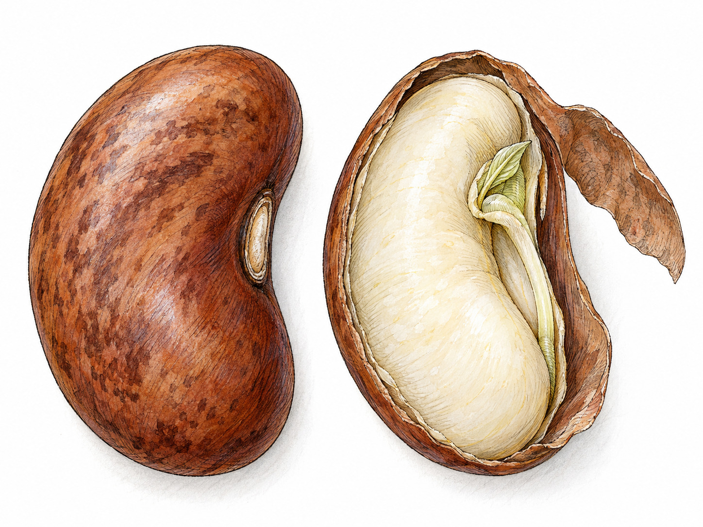 A close-up of an intact bean seed beside a carefully opened bean seed, exposing its protective seed coat, fleshy cotyledon and tiny embryonic shoot and root.