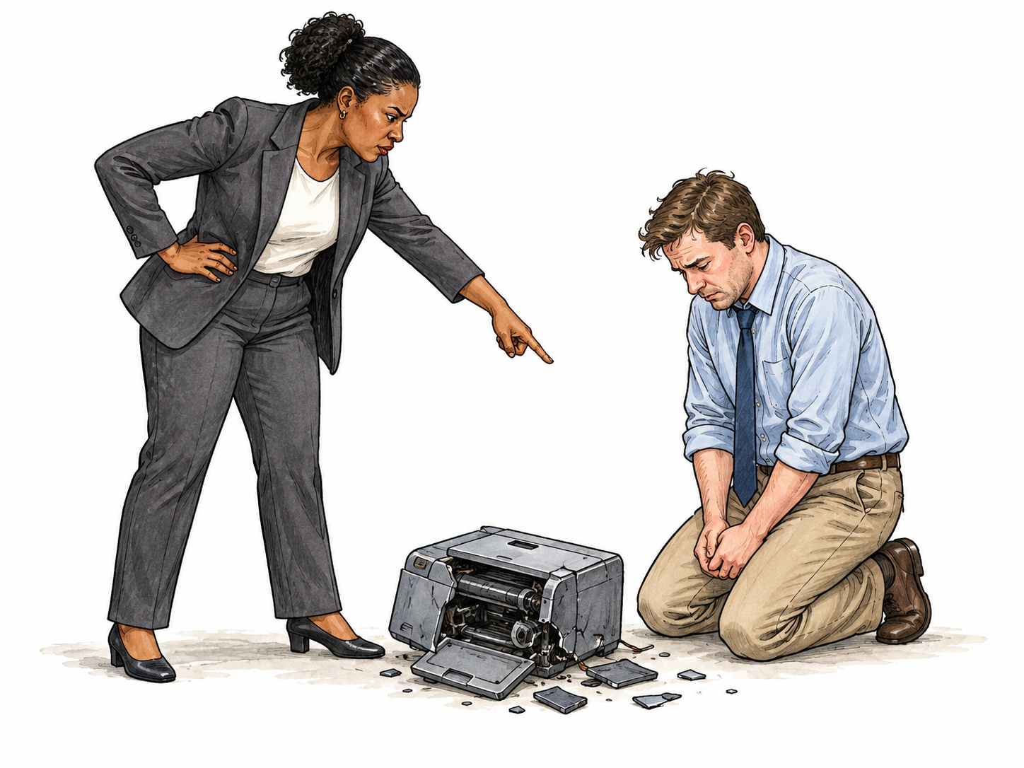 A stern supervisor severely reprimands an employee about damaged equipment, pointed disapproving gesture and contrite response; purely figurative criticism, no ship or torture.
