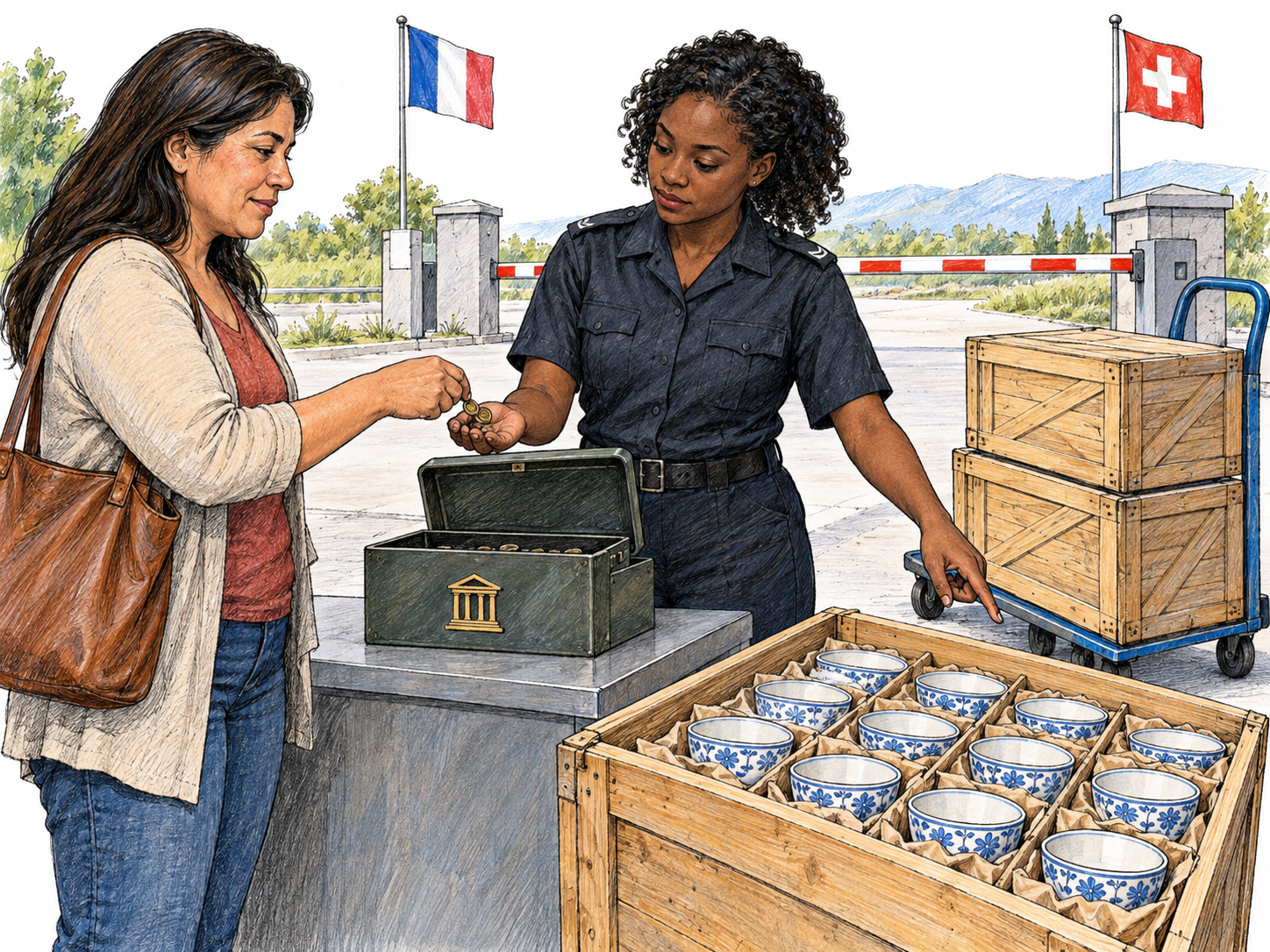 A customs official collects a government levy on imported cargo at an international border, assessing the goods rather than charging the vehicle for passage.