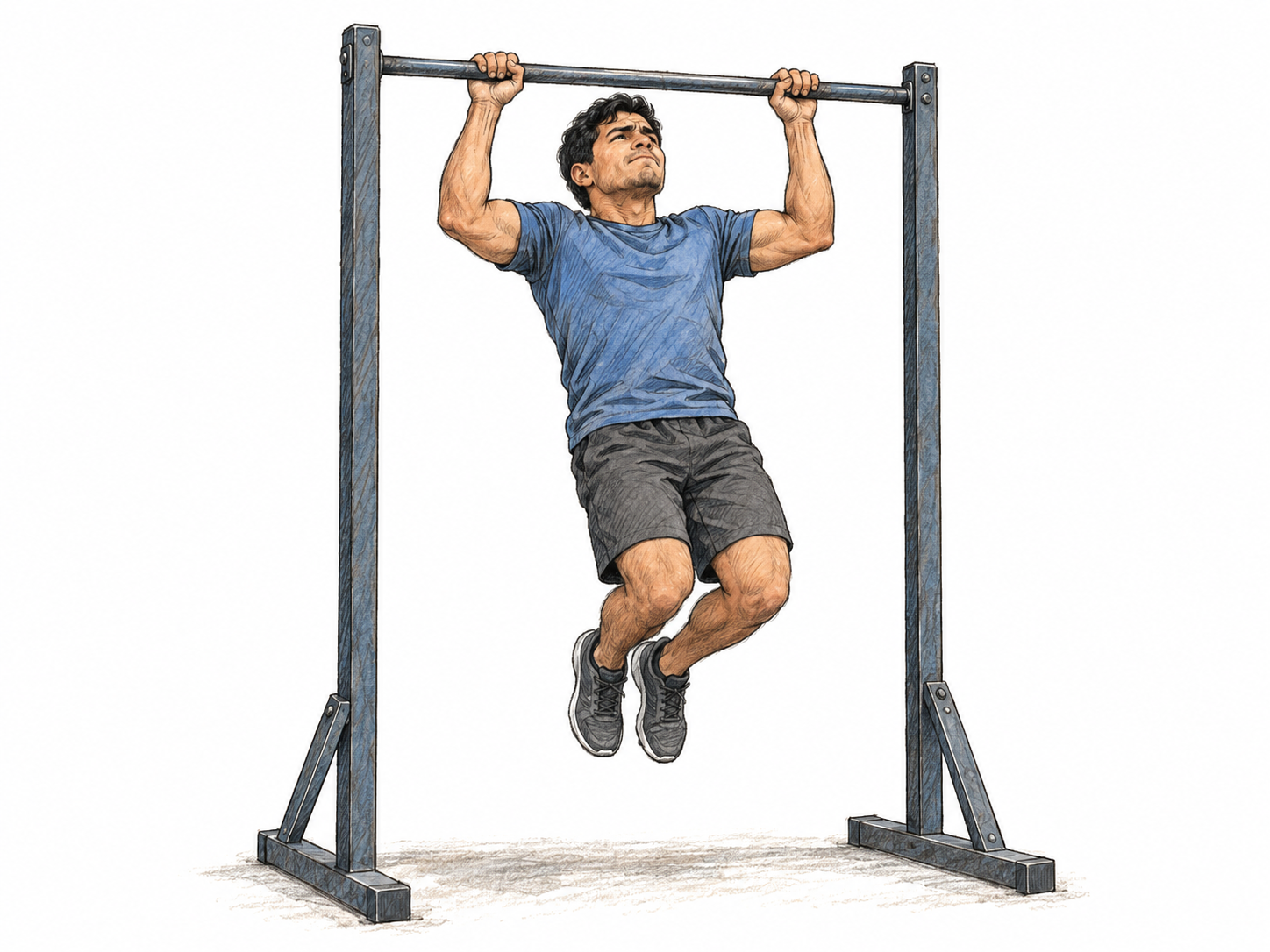A young man attempts a pull-up, visibly exerting himself while his chin remains below the bar and the outcome is unresolved.