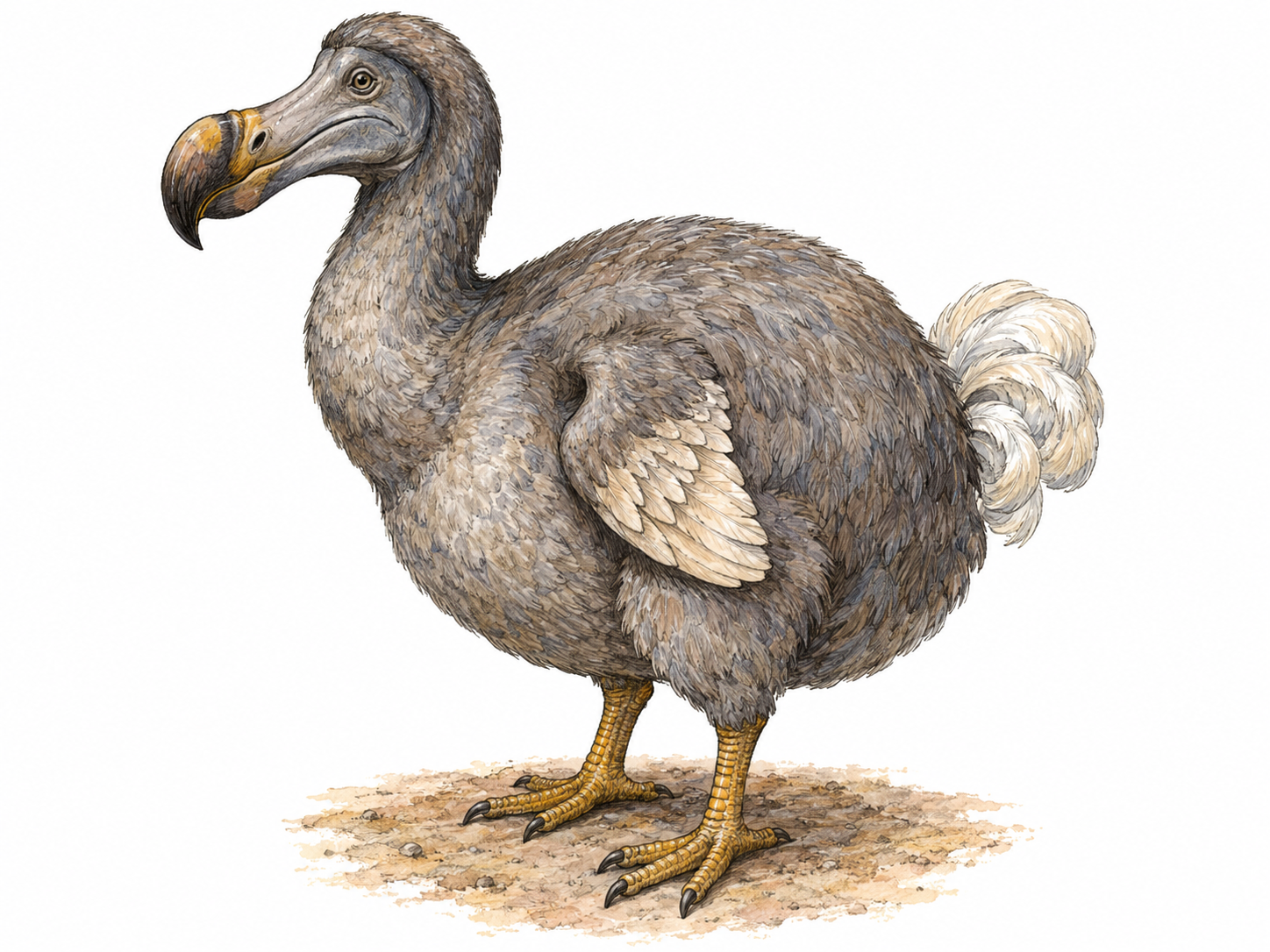 A single dodo in clear three-quarter profile, emphasizing its massive hooked bill, rounded body, tiny wings and stout legs.