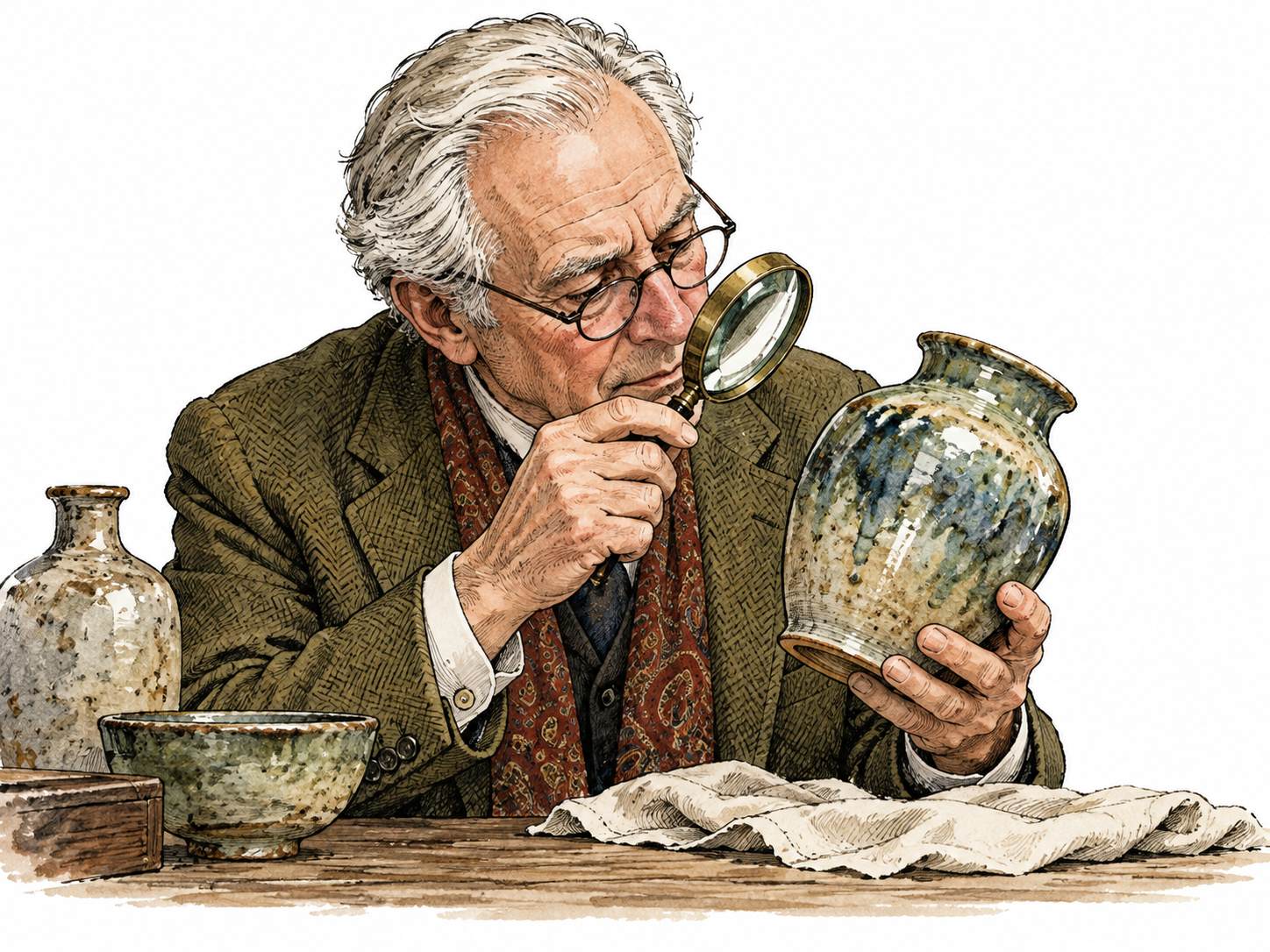 Older white connoisseur studies ceramic glaze through magnifying glass.