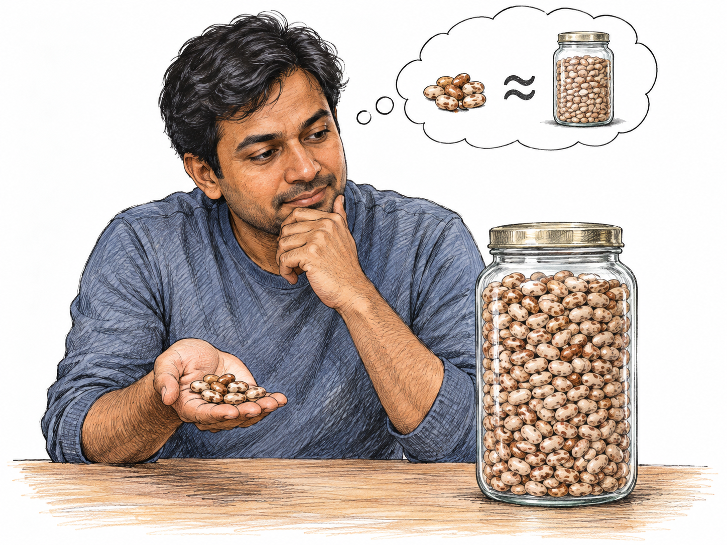 An adult informally estimates the number of beans in a glass jar using a small counted handful for comparison; only short functional estimate cue≈ allowed, no exact claimed total.