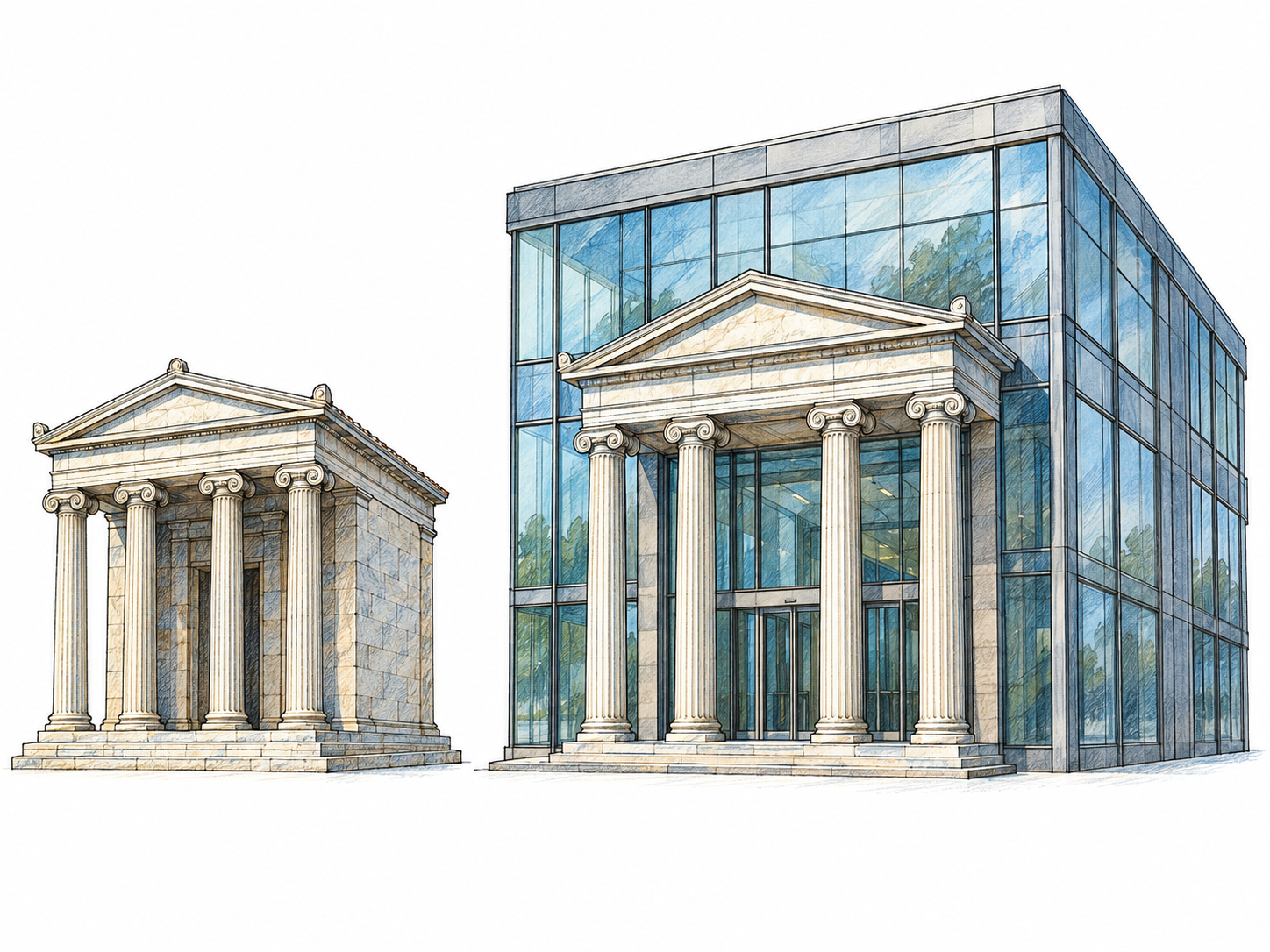 Show archaism through the stylistic branch of the frozen sense: an ancient temple-style entrance retained on an otherwise unmistakably modern glass building.