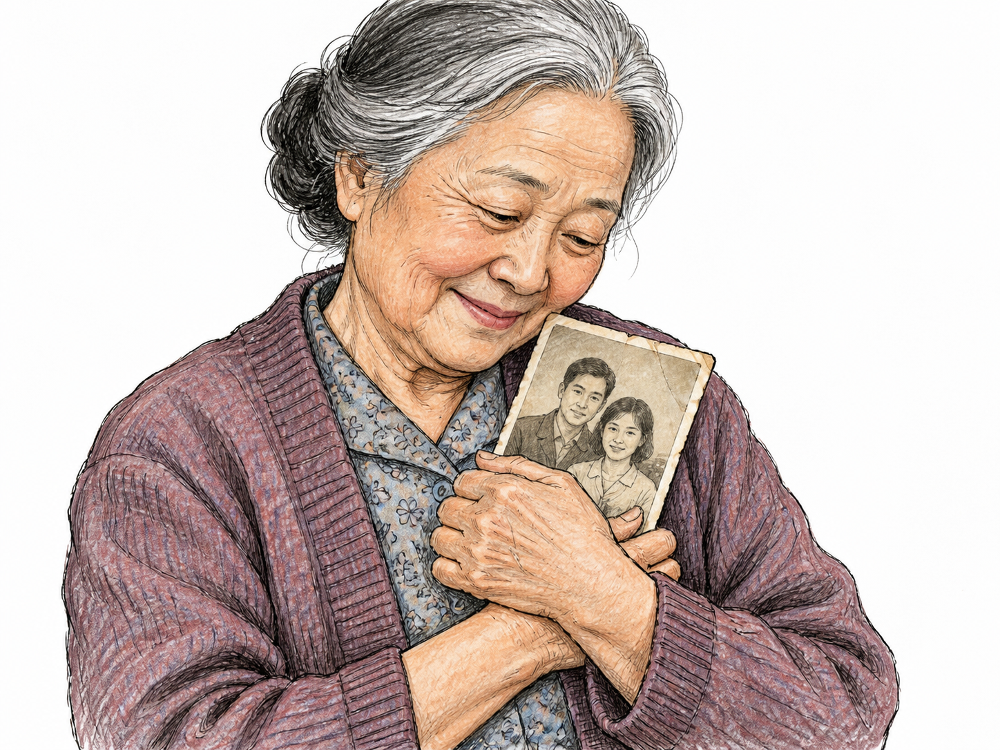 An older woman gently cradles a small faded family portrait close to her chest, looking at it affectionately; the portrait contains two tiny drawn people, no writing or frame inscription.