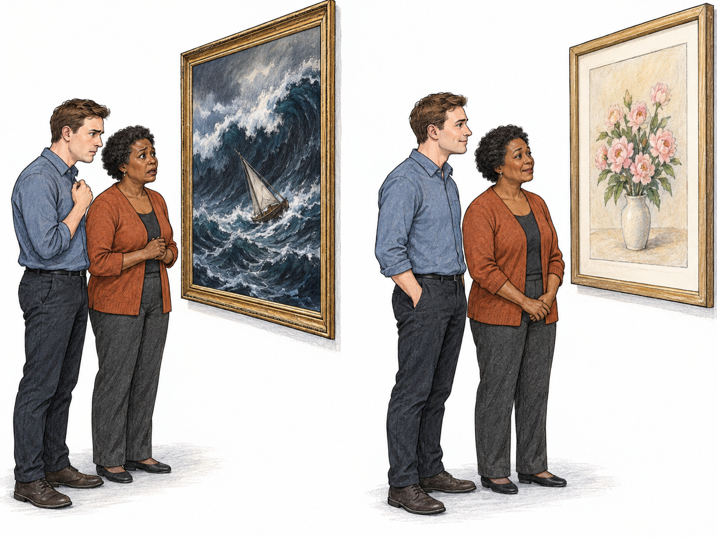 Anodyne art: a compact comparison contrasts an emotionally charged painting with a conventional floral print that the same viewers regard with mild, untroubled indifference.