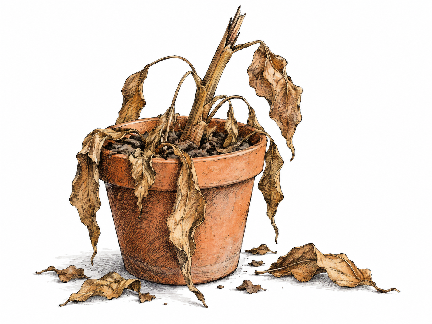 A fully dried dead potted plant has collapsed brown leaves and a brittle broken stem, clearly no longer living; no sleeping animal ambiguity.