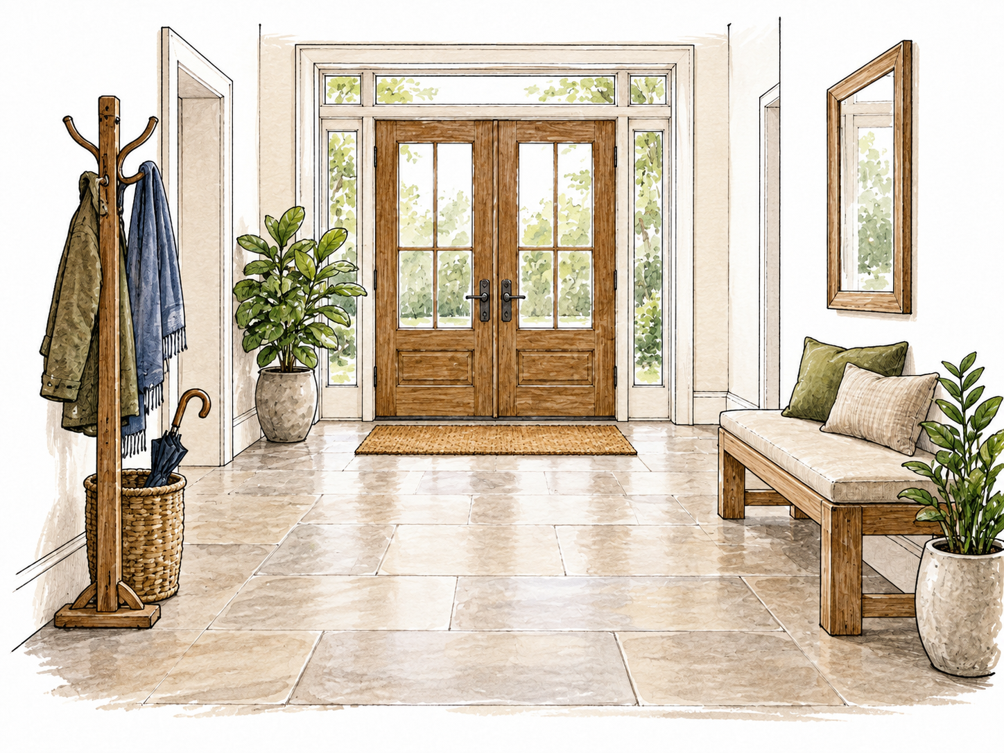 A welcoming building entrance foyer with front doors, coat rack and a simple reception bench, clear connecting lobby space without signs.