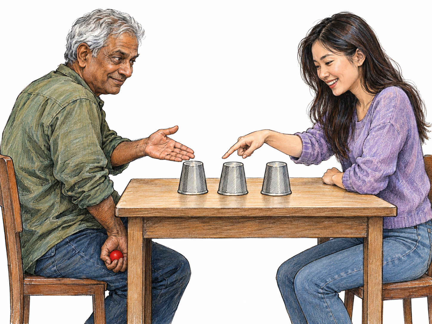A shell-game operator deludes a player into believing a ball is under a cup: he invitingly indicates the cup she confidently selects while secretly holding the ball beneath the table.