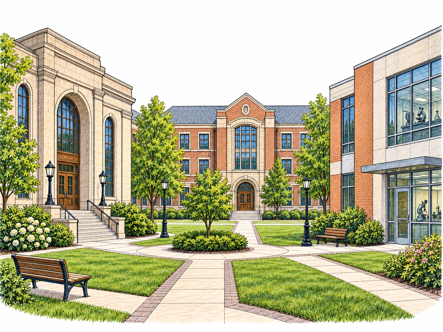 A university courtyard connects a library, teaching building and laboratory with paths and lawn; small clear architectural vignette, no schoolchildren.