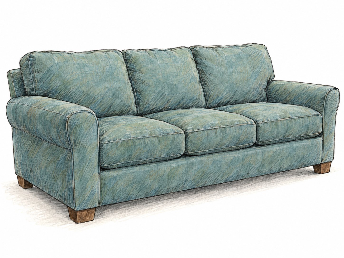 A large upholstered three-seat sofa shown alone in a clear three-quarter view, emphasizing its broad padded seat, cushioned back, and substantial upholstered arms.