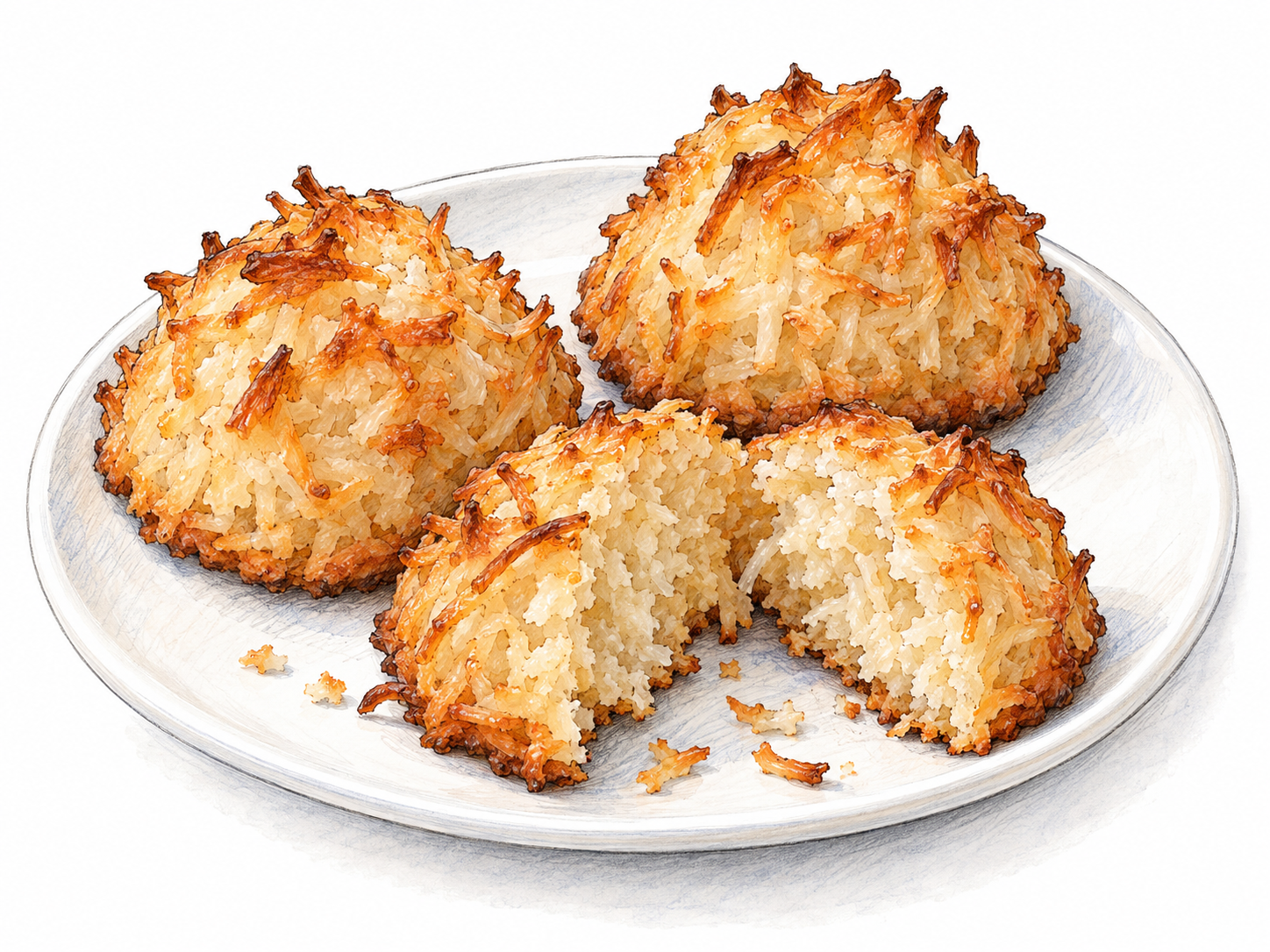 A close-up of coconut macaroons on a small plain plate, with one broken open to reveal its dense, moist, shredded-coconut interior beneath a lightly toasted exterior.