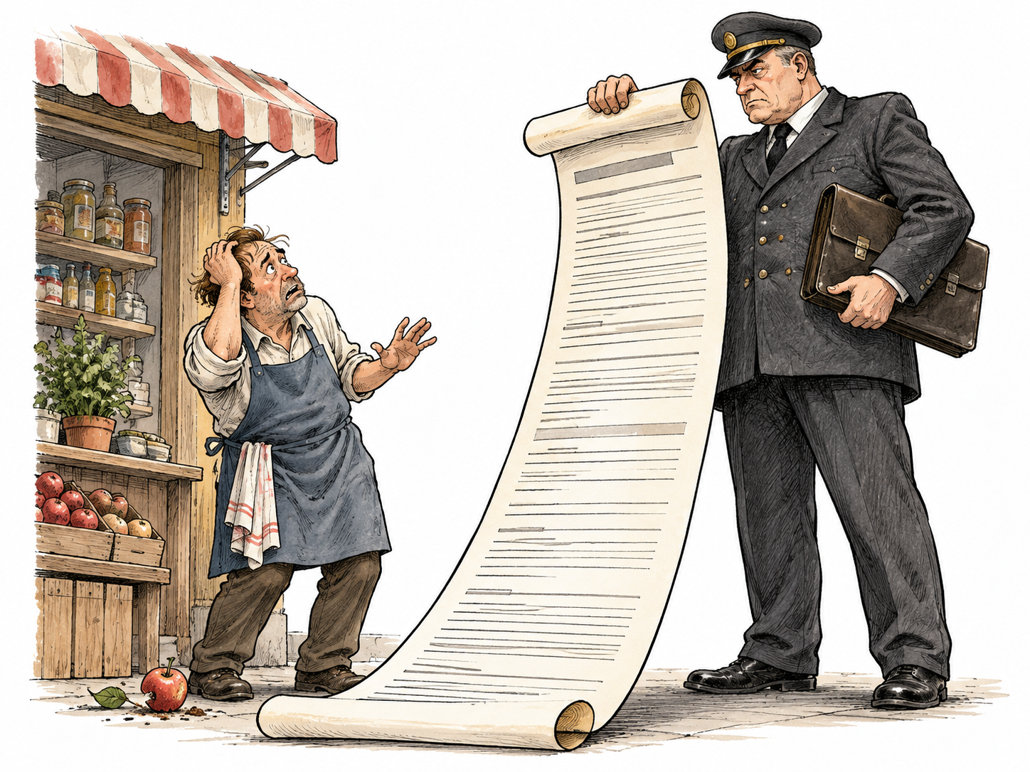Severe fine overwhelms a small shopkeeper beside a modest infraction, oversized bill but no readable amount.