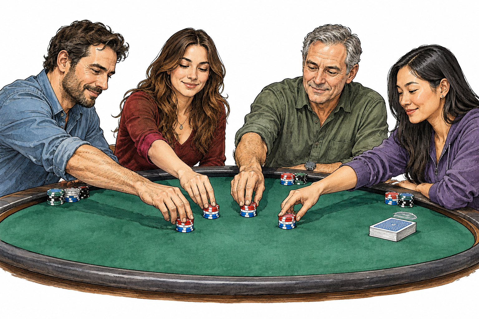Four poker players place equal small stacks of chips into center before cards are dealt, ante stake evident.