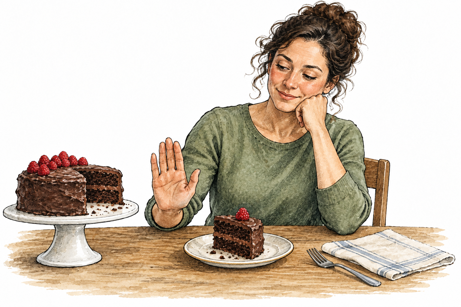 A person pauses their own hand before taking a second tempting cake slice, deliberate self-control, thoughtful expression.