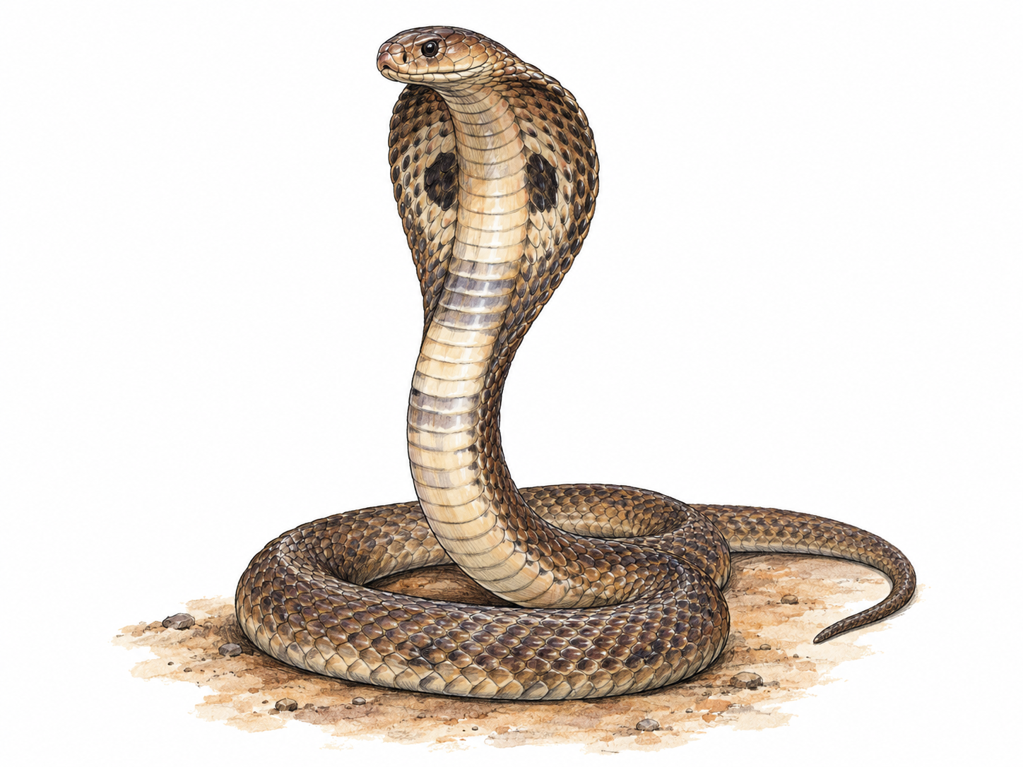 A single cobra with its front body raised and its broad neck hood fully spread above a loosely coiled body, making its distinctive anatomy immediately recognizable.