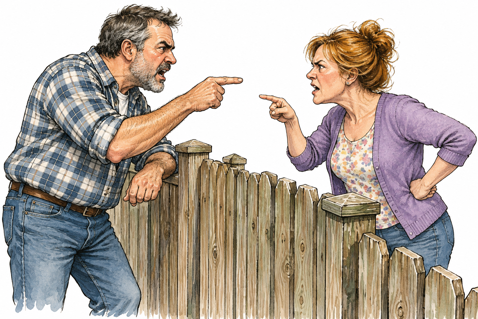 Two neighbors face one another angrily across shared fence, rigid gestures clear mutual hostility.