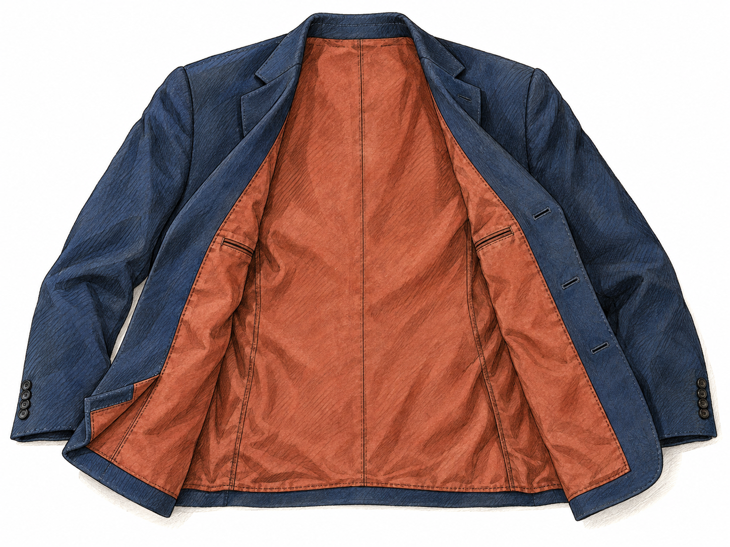 An open navy jacket displays its contrasting rust-colored fabric lining, visibly sewn against the inside surface rather than hanging as a separate garment.