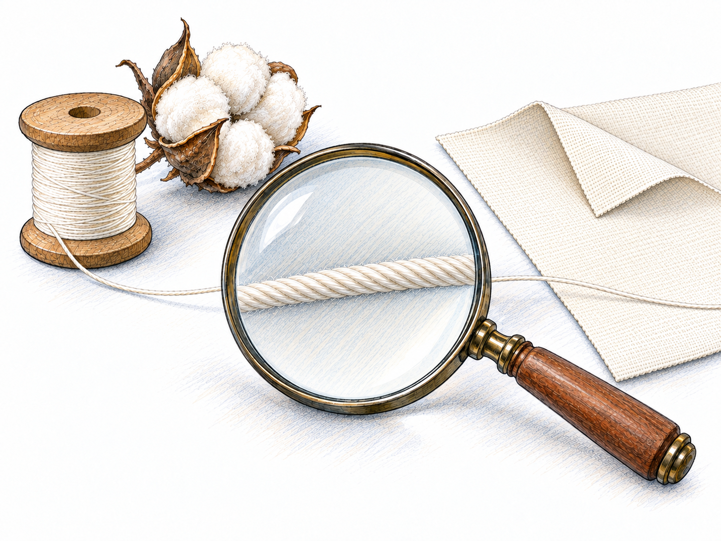 A fine cotton thread passes beneath a physical magnifying glass, revealing its smooth, compact twist while its unmagnified length remains visibly delicate beside a small spool and a thin cotton swatch.