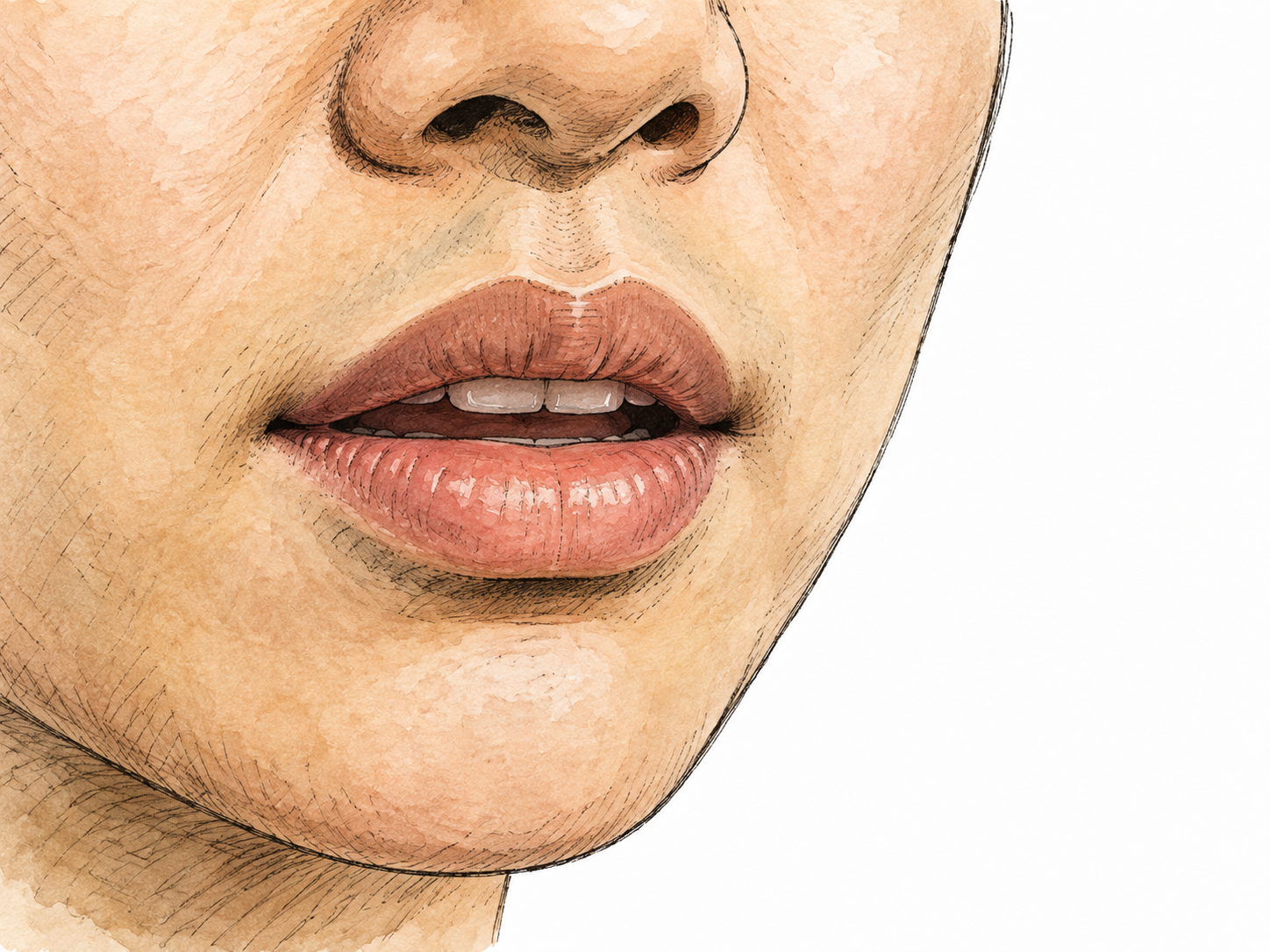 Close natural detail of an East Asian adult's mouth and lips, relaxed slightly open expression.
