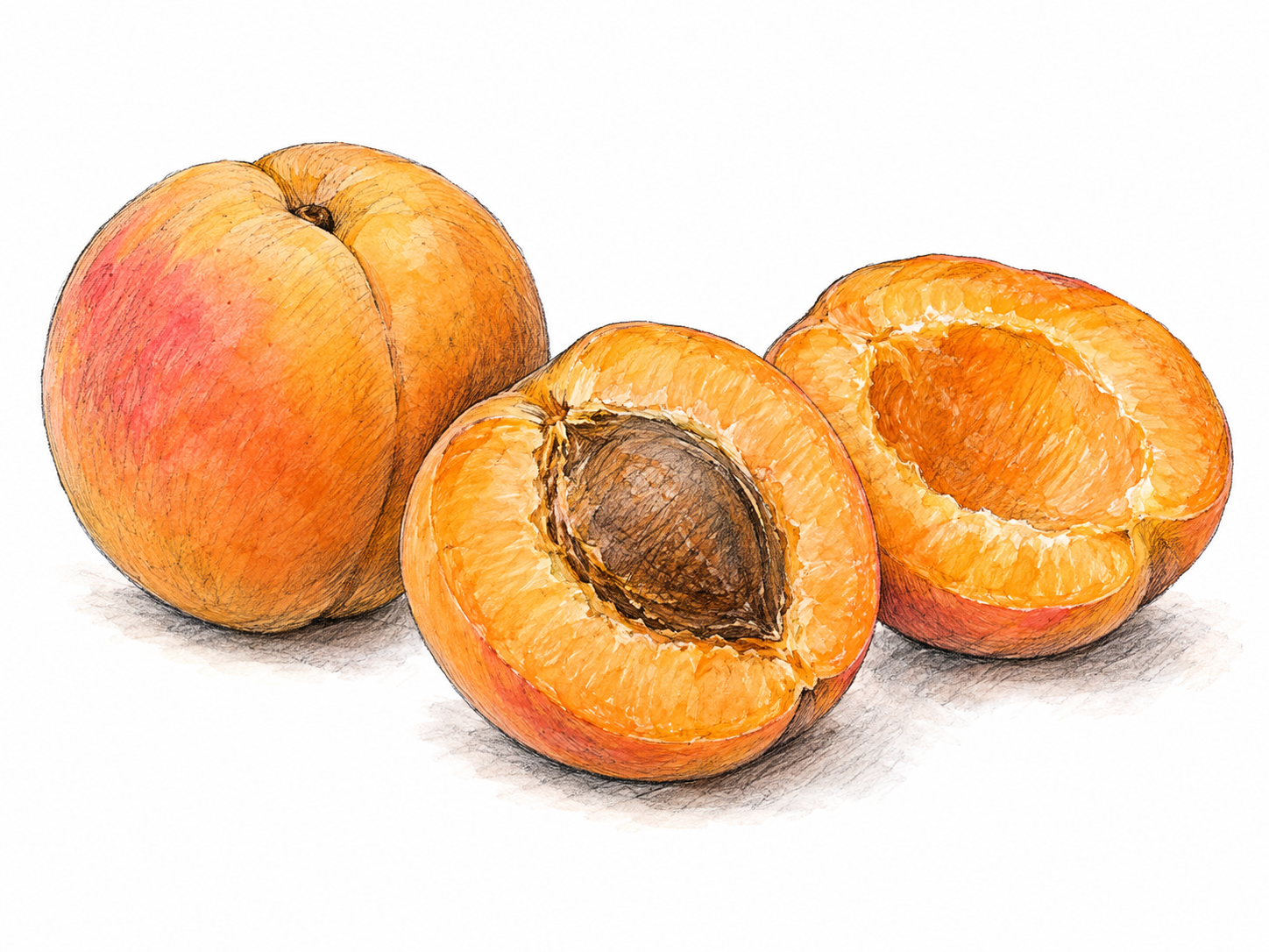 One whole ripe apricot beside two halves of another: one half retains its stone, and the other reveals the hollow and soft orange flesh.