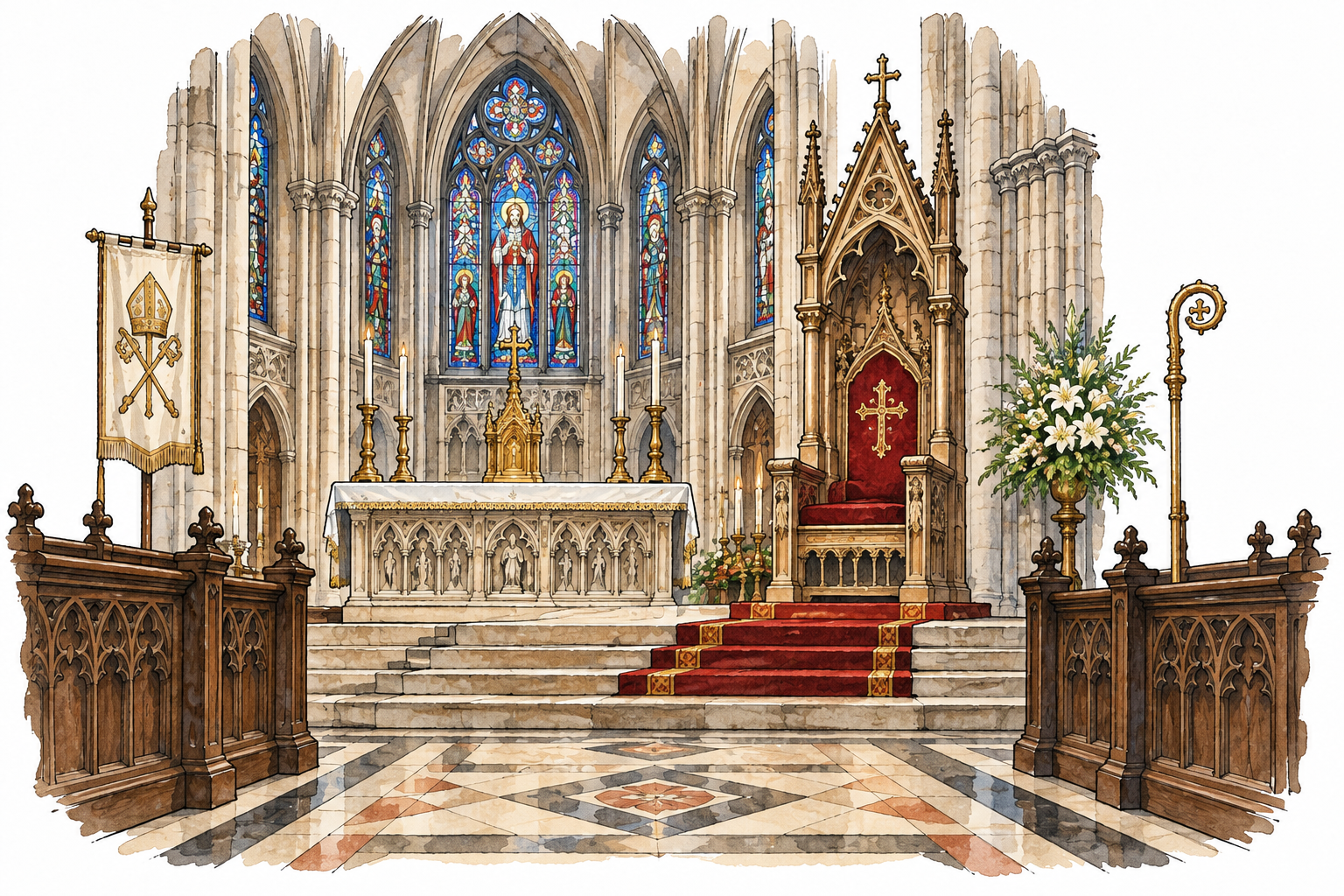 A grand cathedral interior with an ornate bishop's chair in the chancel, clear principal church setting.