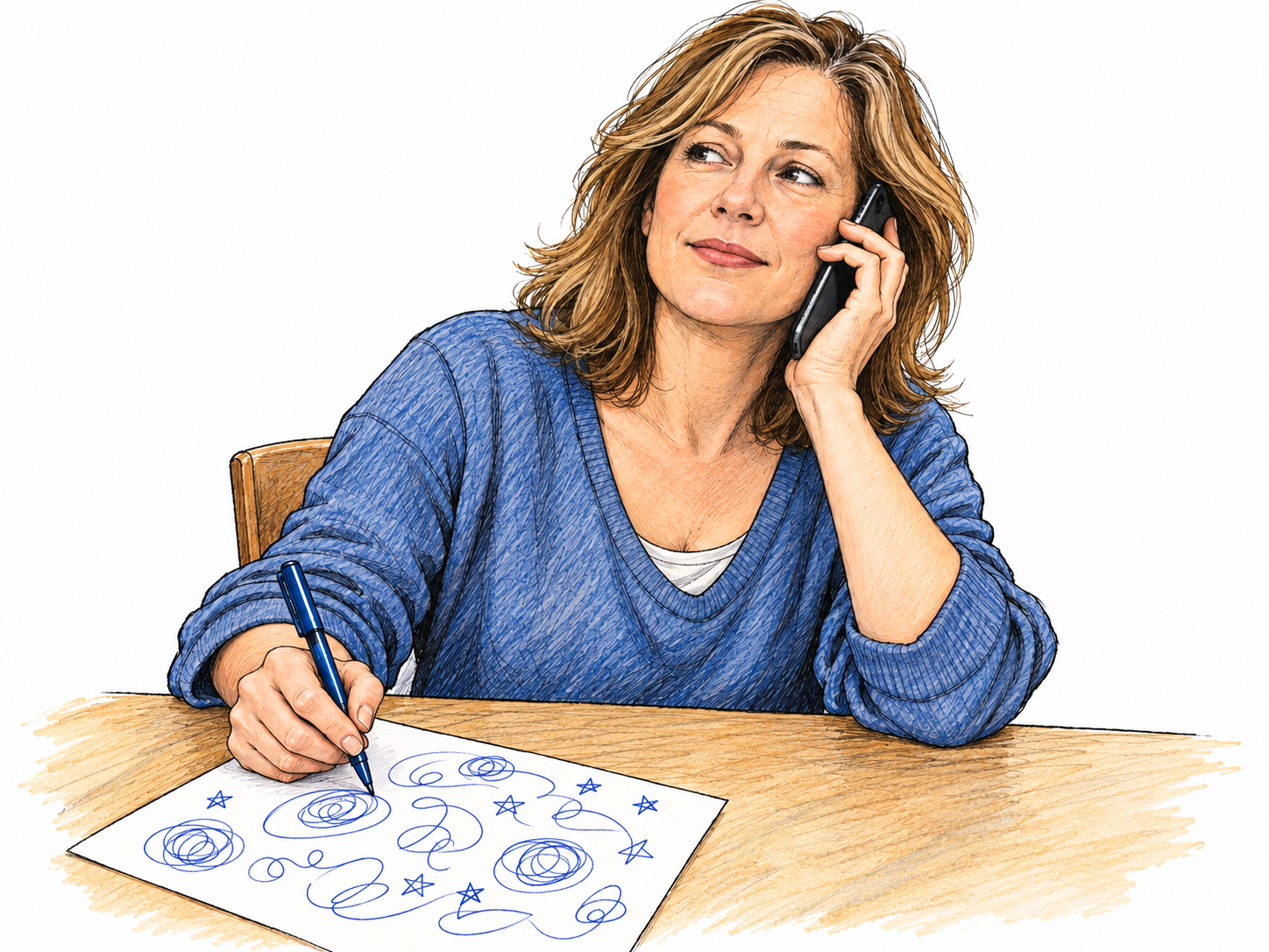 A woman idly fills a scrap of paper with loose spirals, stars and wandering loops while looking away and listening on the phone.