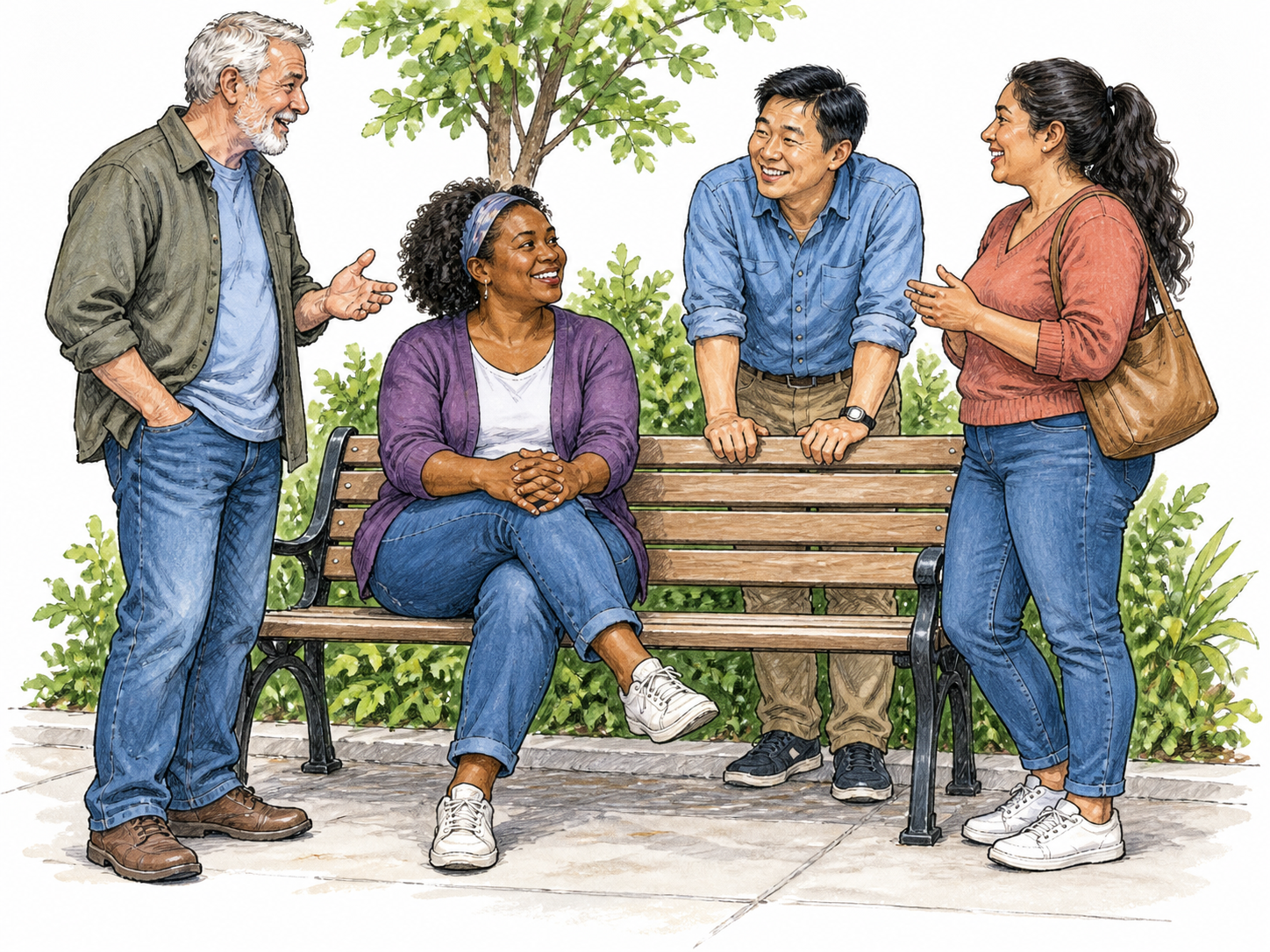 Four ordinary neighbors chat together beside one public bench, varied everyday clothes and relaxed communal belonging; no costumes or slogans.
