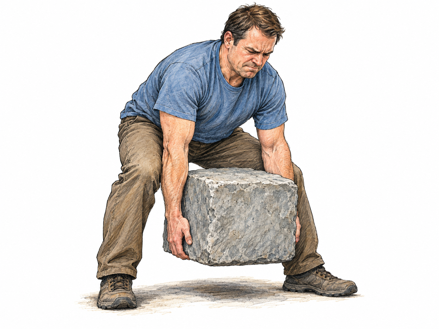 A man strains to lift a large solid stone block, managing to raise it only slightly from the floor.
