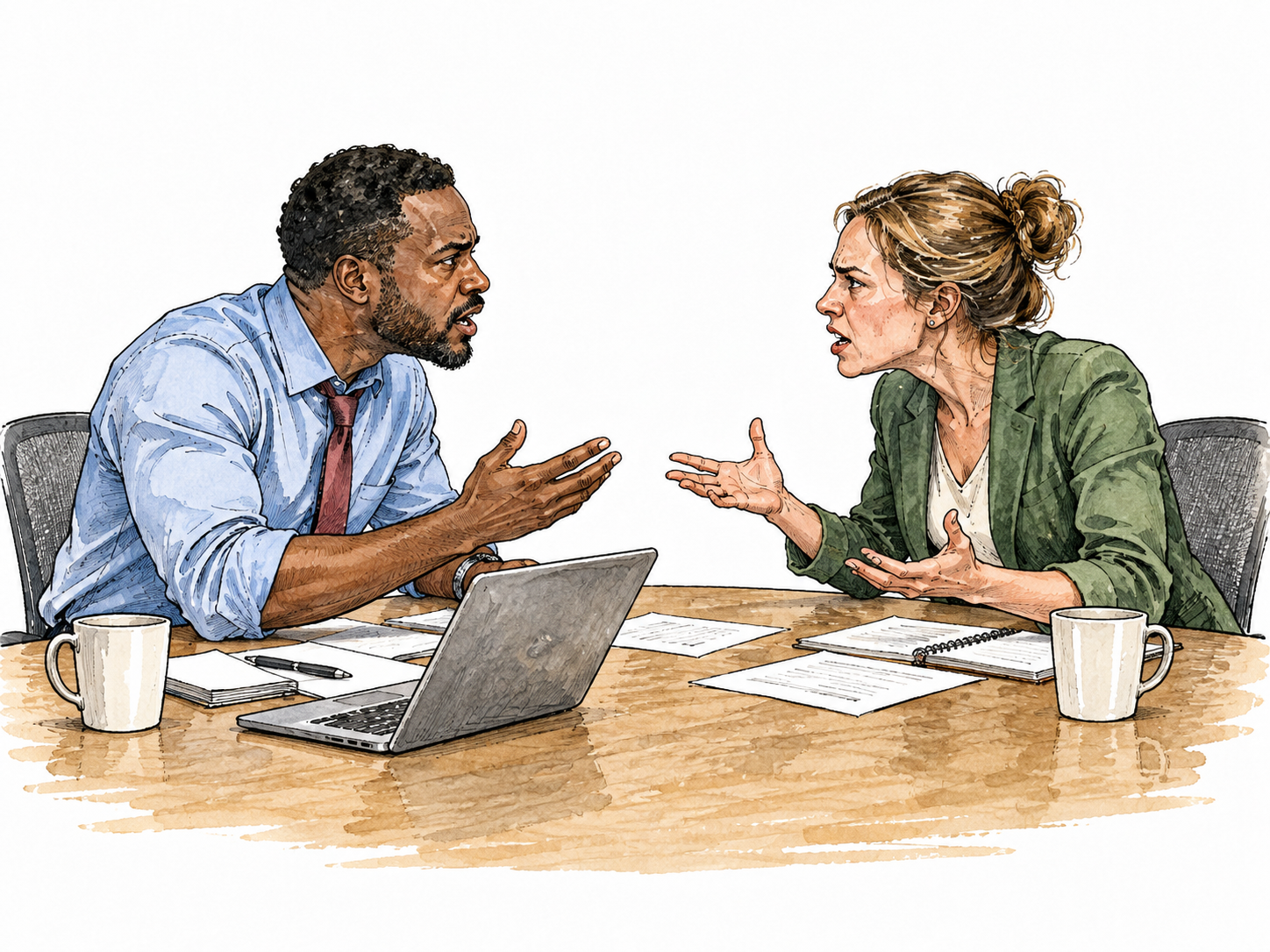 Two coworkers of different backgrounds argue bitterly across a meeting table, strained expressions and divided posture.