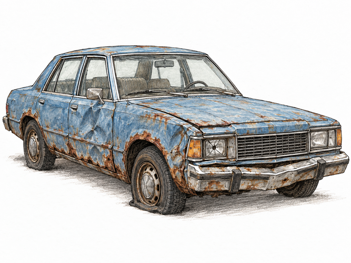 A battered, visibly aging car with faded paint, rusty wheel arches, dented panels, a crooked bumper and one flat tire, isolated in a clear three-quarter view.