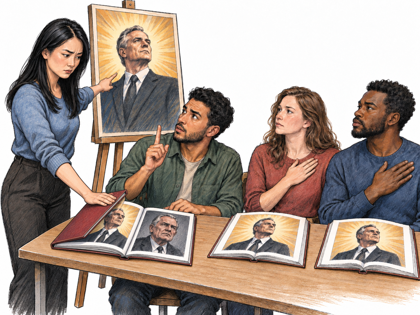 A fictional personality-cult lesson: an instructor teaches from an idealized leader portrait and identical picture manuals, encourages ritual assent, and physically closes a learner's contrasting source.