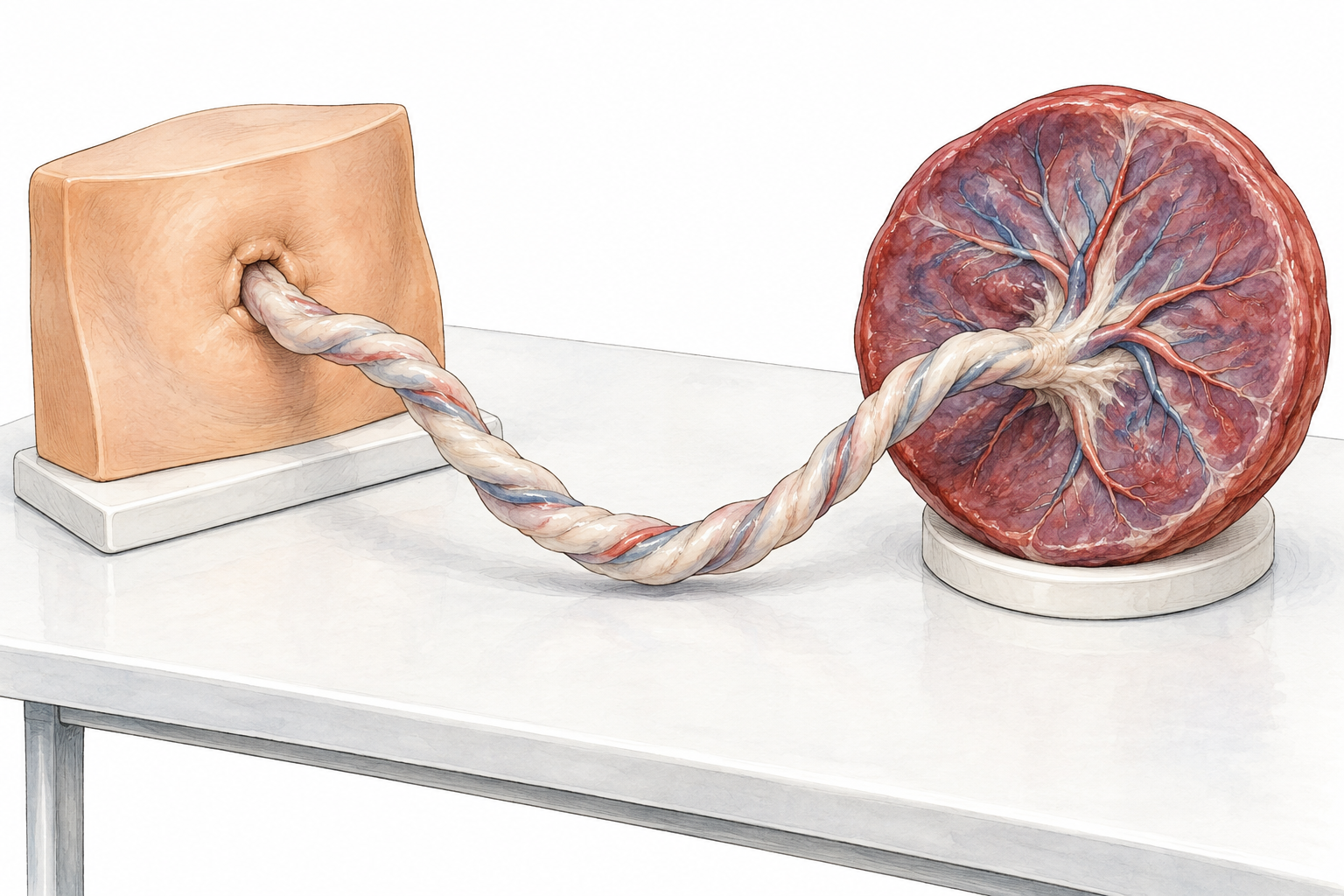 A tabletop medical teaching model demonstrating an umbilical cord: a pale ivory flexible rope-like anatomical cord curves from a small neutral silicone abdominal navel model on the left to a round reddish placenta model on the right, mounted on a clean white medical table.